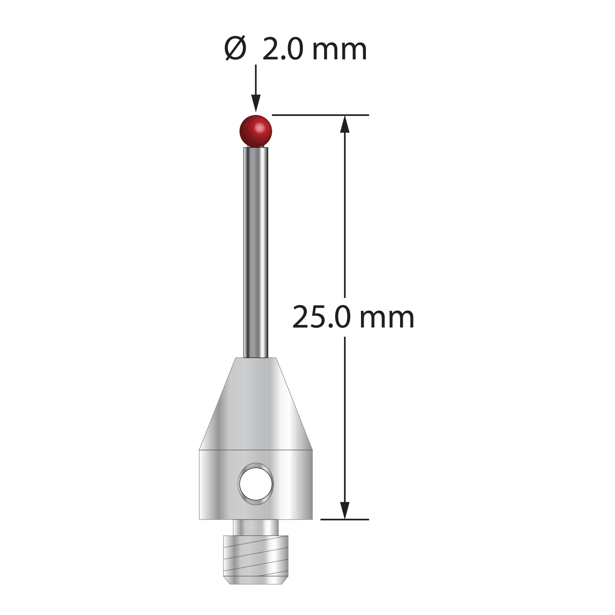 TM4-2025 M4 stylus with 2.0mm ruby ball, carbide stem, and stainless steel base, 25.0mm long by Q-Mark Manufacturing, Inc.
