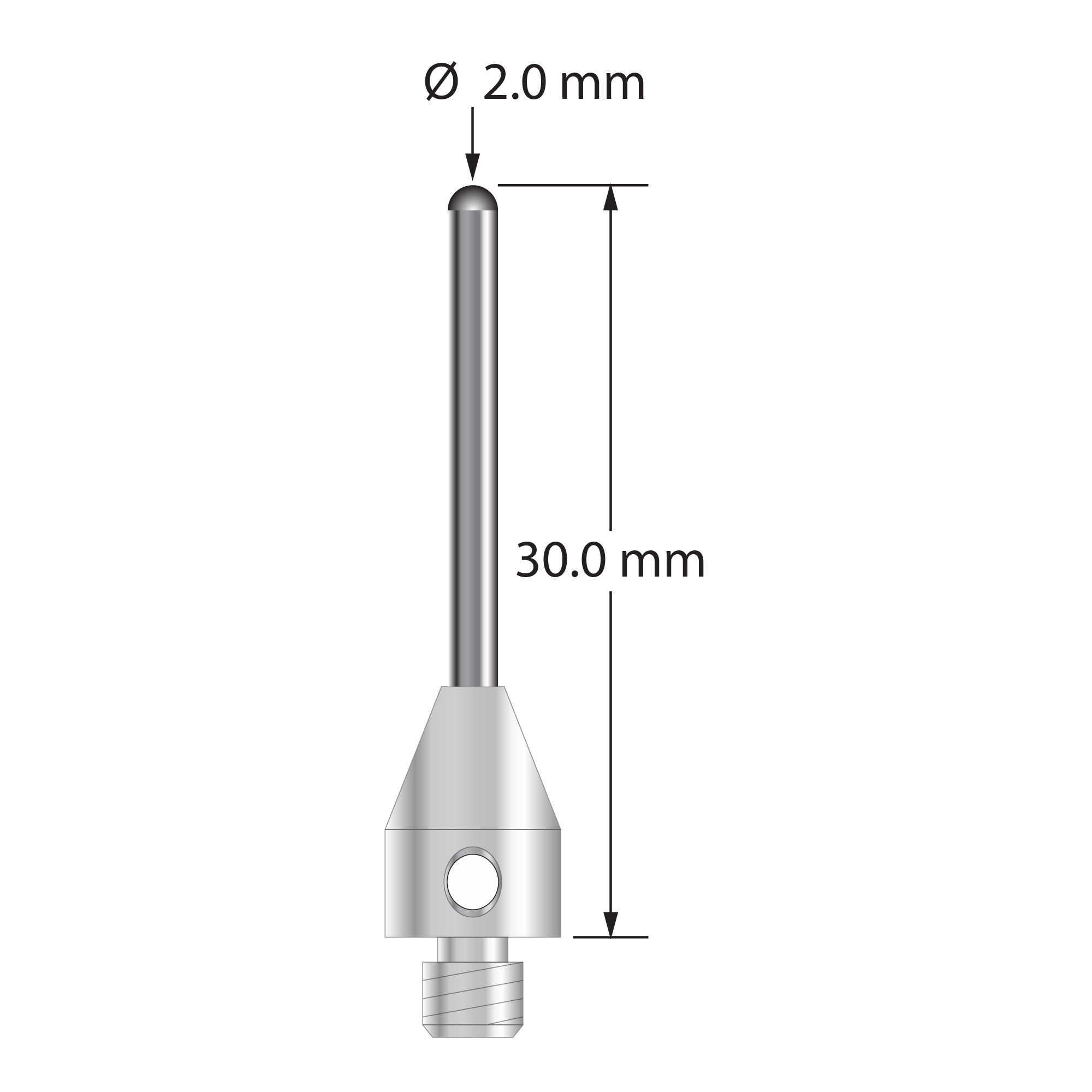 TM4-2030-BC M4 stylus with 2.0mm carbide cylinder and stainless steel base, 30mm long.