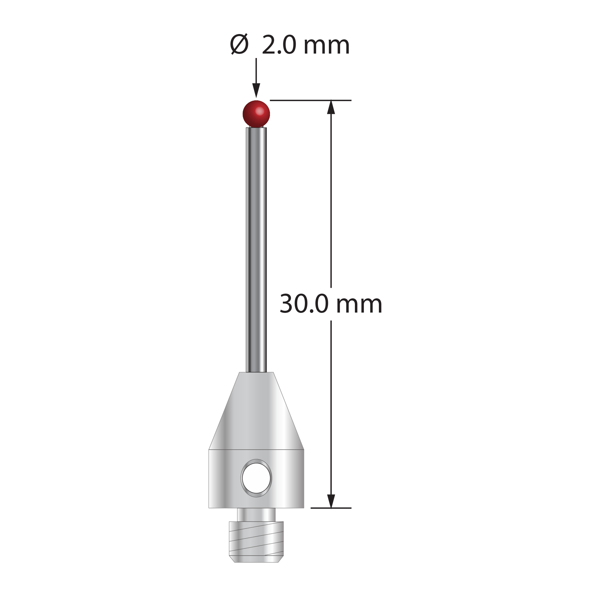 M4 stylus with 2.0 mm diameter ruby ball, 1.5 mm diameter carbide stem, and 7.0 mm diameter x 10.0 mm long stainless steel base. Overall stylus length is 30.0 mm. Stylus weight is 1.93 grams.