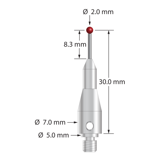 M4 stylus for Blum probe with 2.0 mm diameter ruby ball, 1.0 mm diameter carbide shaft, and 7.0 mm diameter stainless steel base. Stylus length to ball center is 30.0 mm. Compare to Blum P03.8000-022.030.02. (TC52/53/54/76)