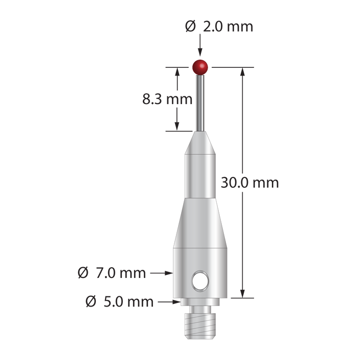 M4 stylus for Blum probe with 2.0 mm diameter ruby ball, 1.0 mm diameter carbide shaft, and 7.0 mm diameter stainless steel base. Stylus length to ball center is 30.0 mm. Compare to Blum P03.8000-022.030.02. (TC52/53/54/76)