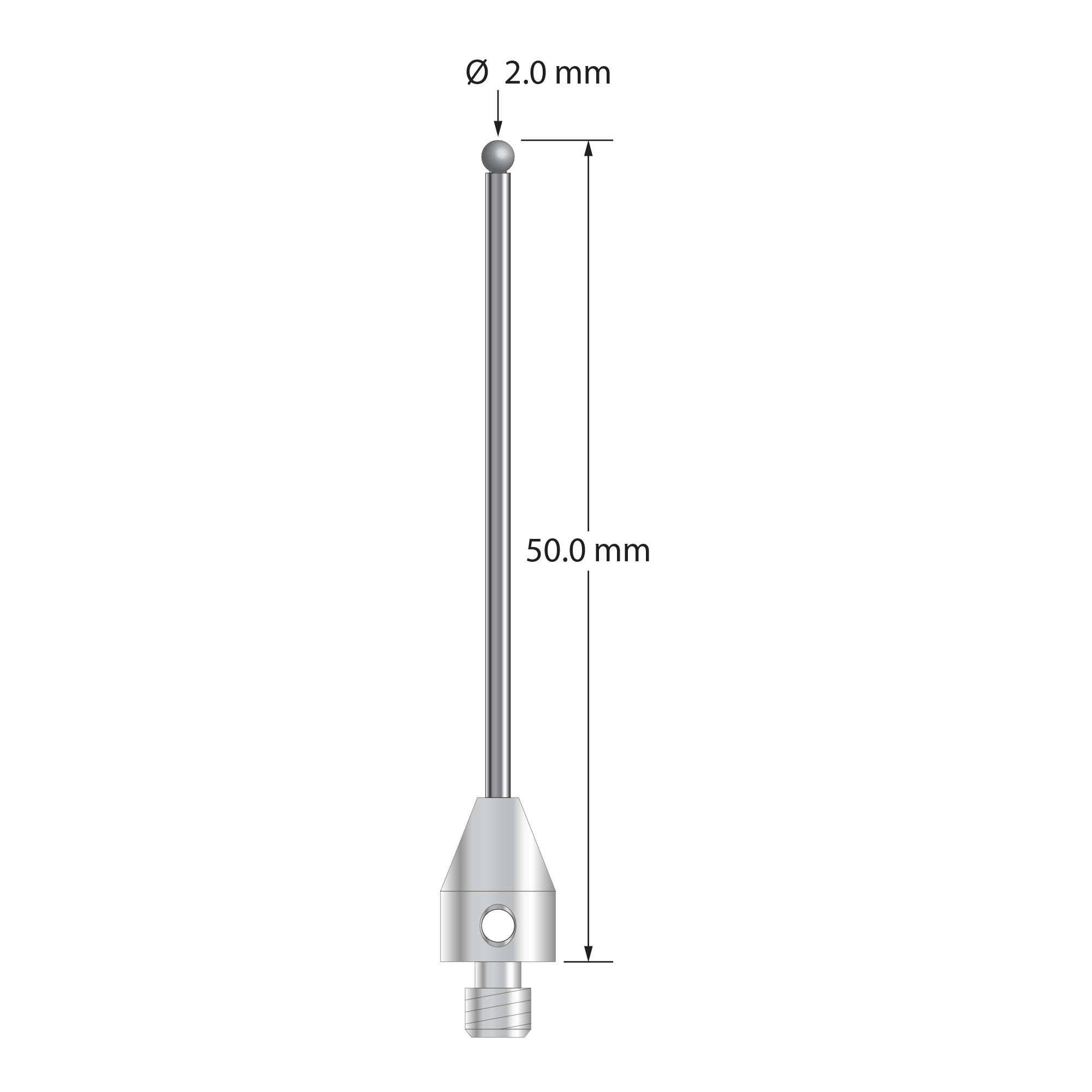 TM4-2050-D M4 stylus, 2.0mm solid diamond ball, carbide stem, stainless steel base, 50mm long.
