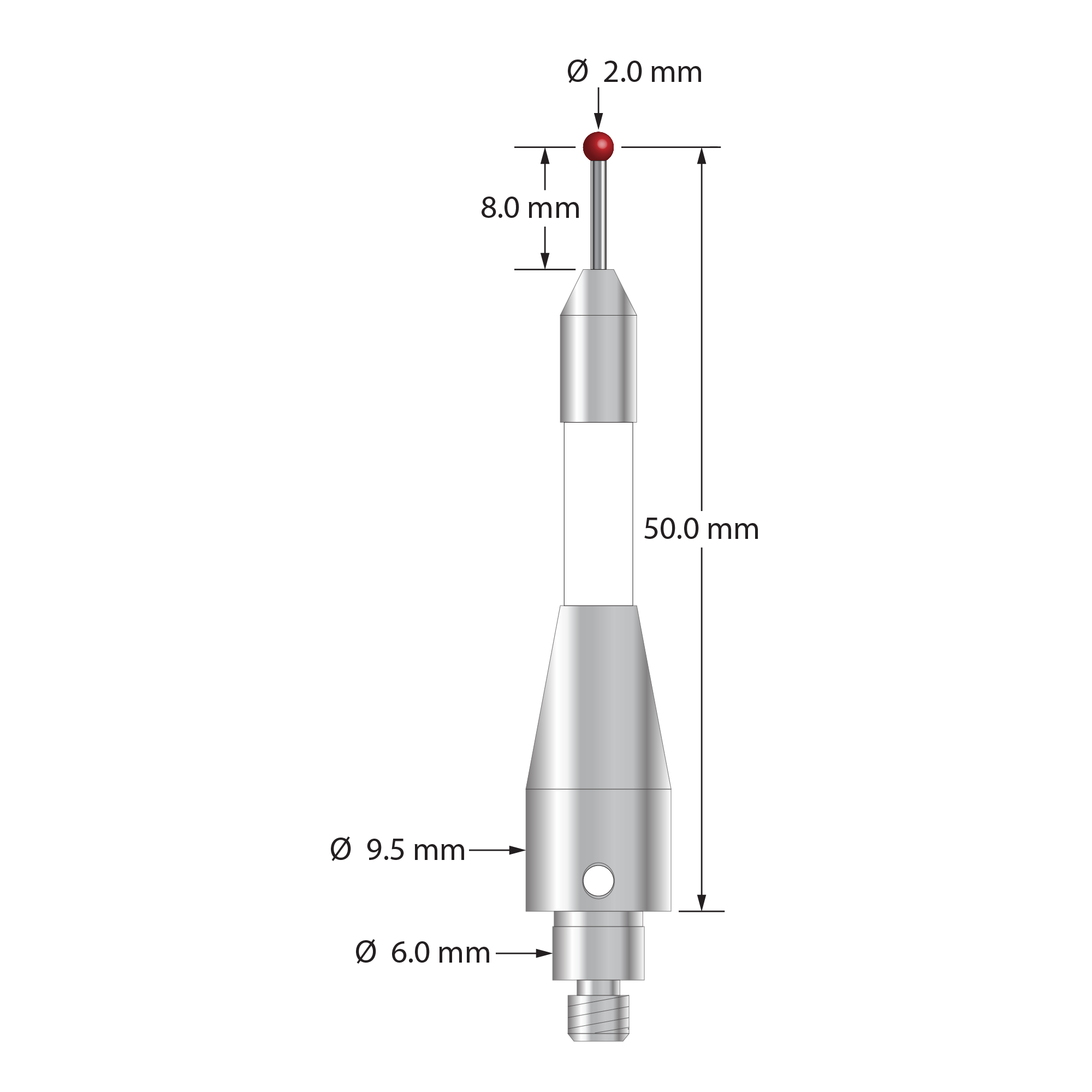 TM4-2051-C-BL-TC50/51 M4 stylus, 2.0mm ruby ball, carbide stem, ceramic body, stainless steel base, 50mm length by Q-Mark Manufacturing, Inc.
