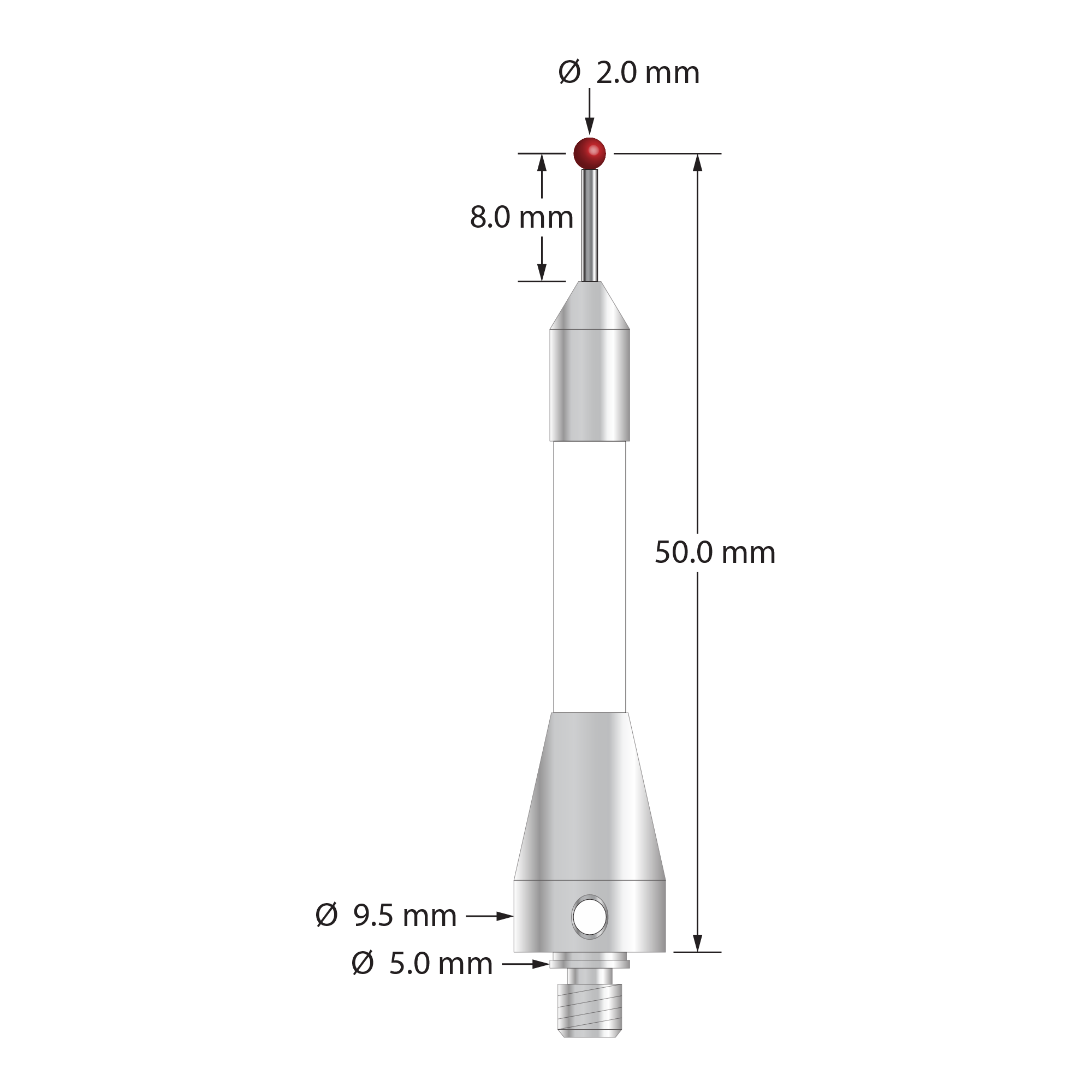 TM4-2051-C-BL M4 stylus with 2.0mm ruby ball, carbide stem, ceramic body, and stainless steel base by Q-Mark Manufacturing, Inc.