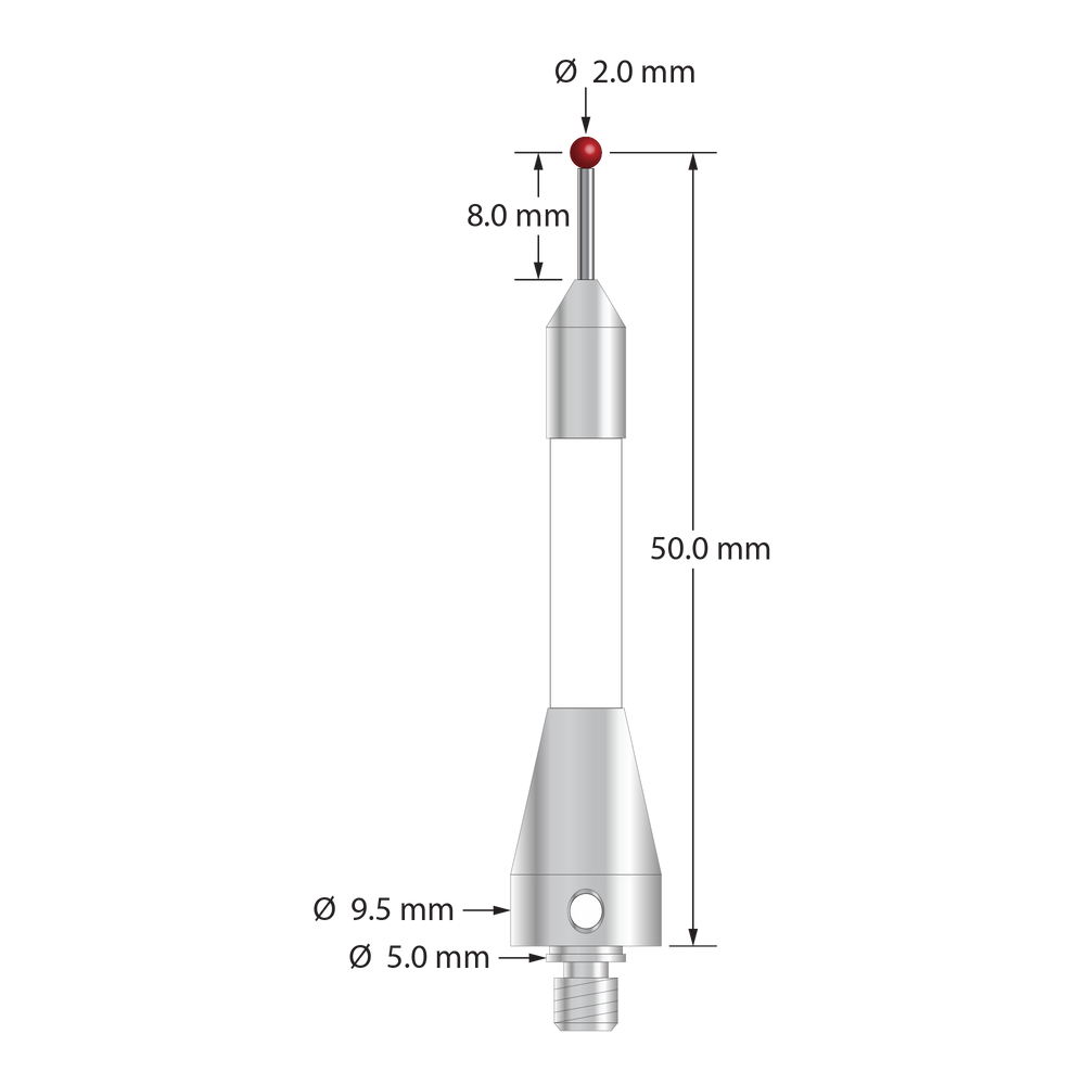 M4 stylus for Blum probe with 2.0 mm diameter ruby ball, 1.0 mm diameter carbide stem, 4.5 mm diameter ceramic body, and 9.5 mm diameter x 15.0 mm long stainless steel base. Stylus length to ball center is 50.0 mm. Compare to Blum P03.8000-020.050.02.