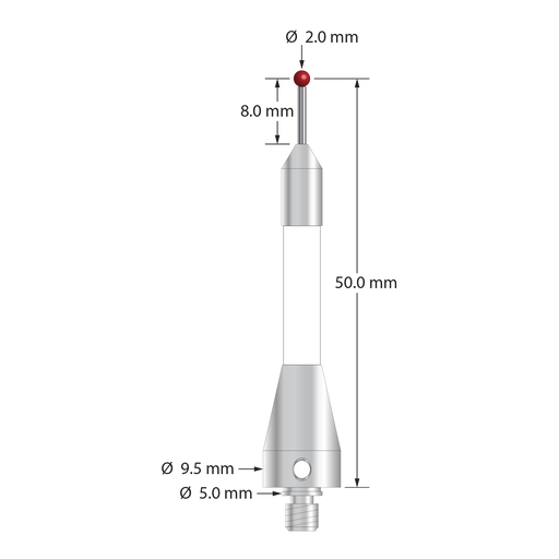 M4 stylus for Blum probe with 2.0 mm diameter ruby ball, 1.0 mm diameter carbide stem, 4.5 mm diameter ceramic body, and 9.5 mm diameter x 15.0 mm long stainless steel base. Stylus length to ball center is 50.0 mm. Compare to Blum P03.8000-020.050.02.