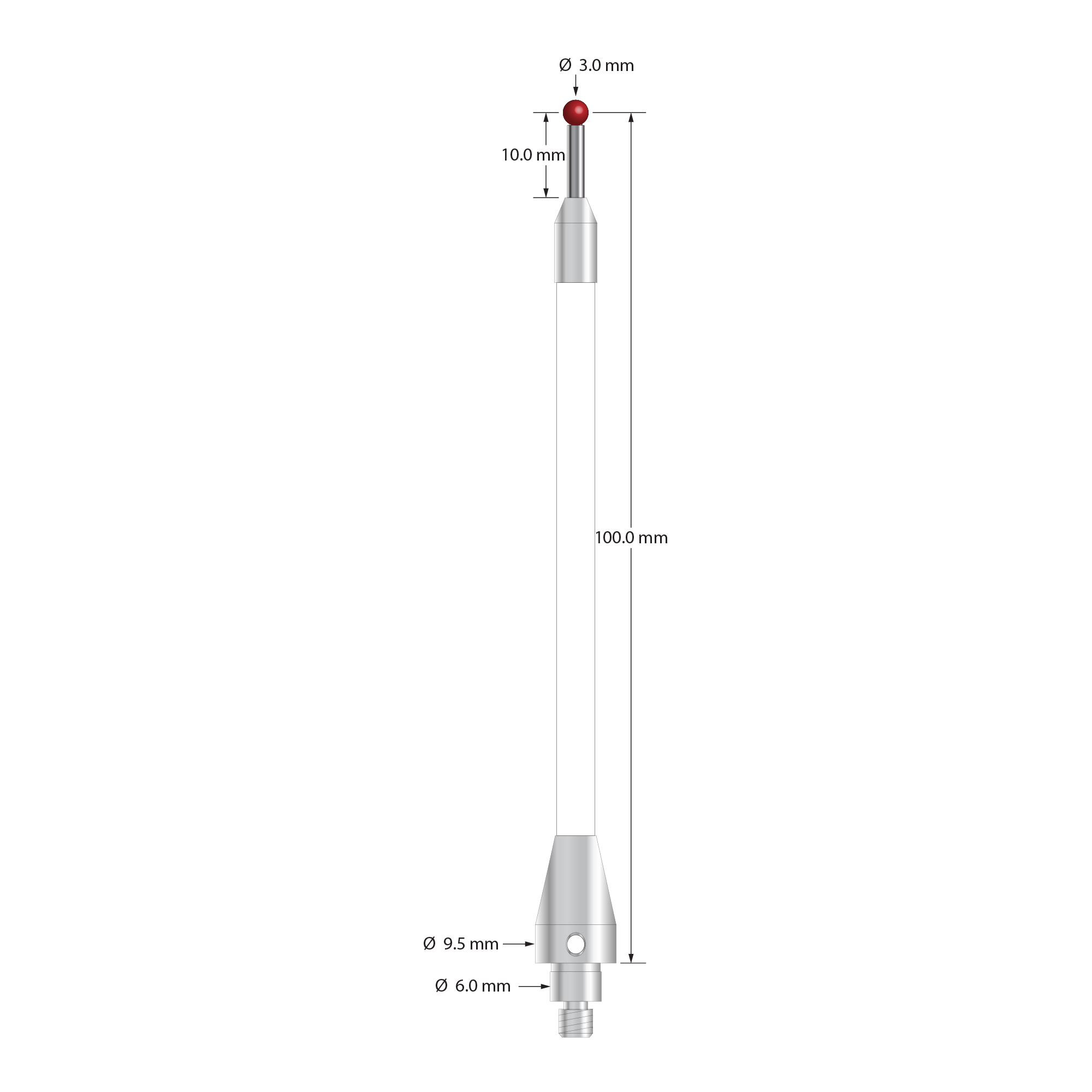 TM4-30101.5-C-BL-TC50/51 M4 stylus, 3.0mm ruby ball, carbide stem, ceramic body, 100mm length by Q-Mark Manufacturing, Inc.