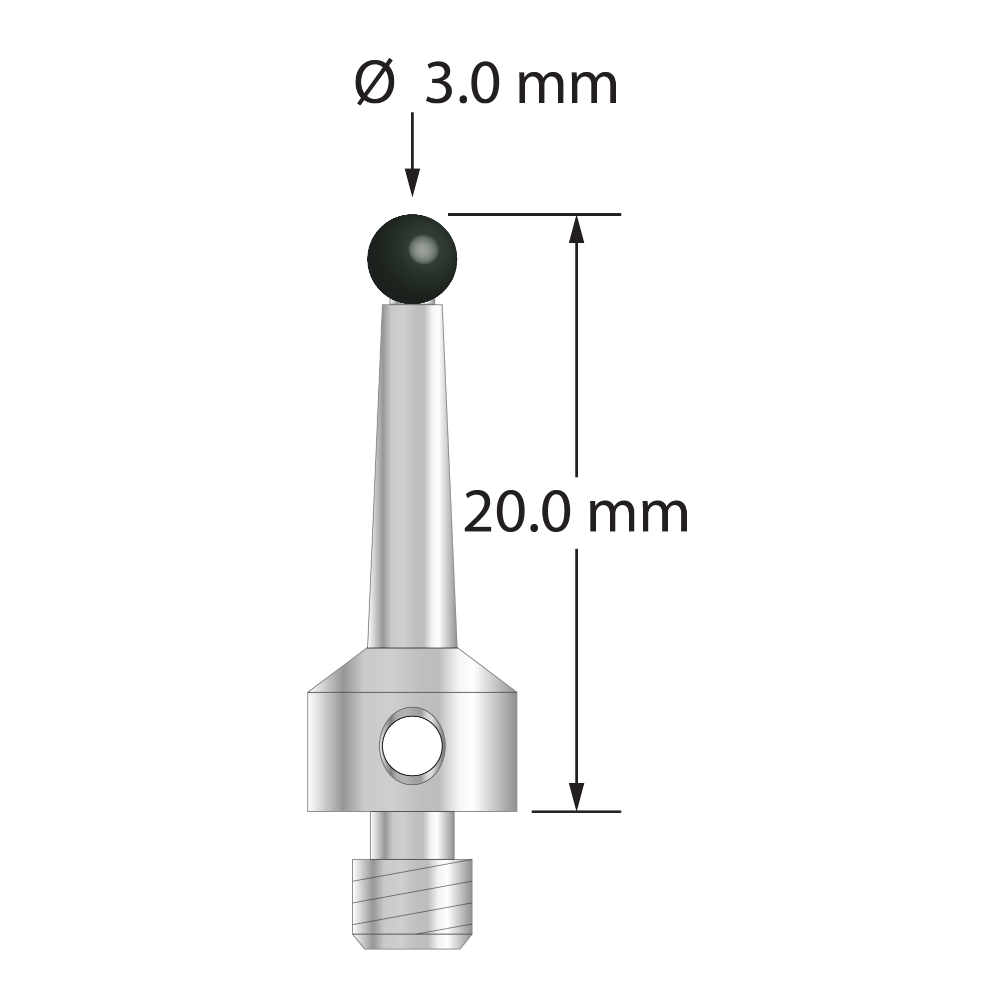 M4 stylus with 3.0 mm diameter silicon nitride ball, tapered stainless steel stem, and 7.0 mm diameter x 5.4 mm long stainless steel base. Overall stylus length is 20.0 mm. Stylus weight is 2.04 grams.