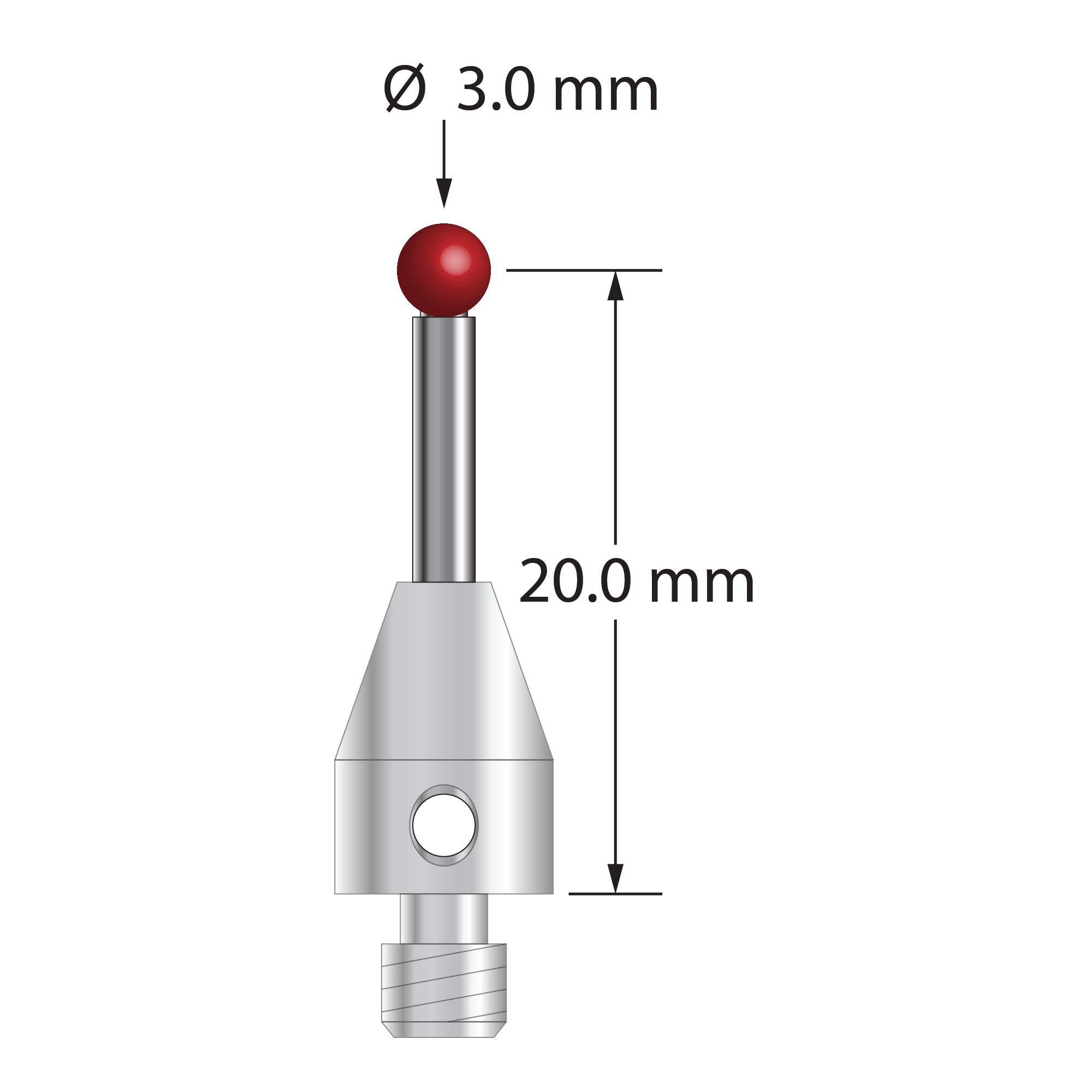 M4 stylus with 3.0 mm diameter ruby ball, 2.0 mm diameter carbide stem, and 7.0 mm diameter x 10.0 mm long stainless steel base. Stylus length to ball center is 20.0 mm. Stylus weight is 2.68 grams. Compare to Renishaw A-5003-4793.