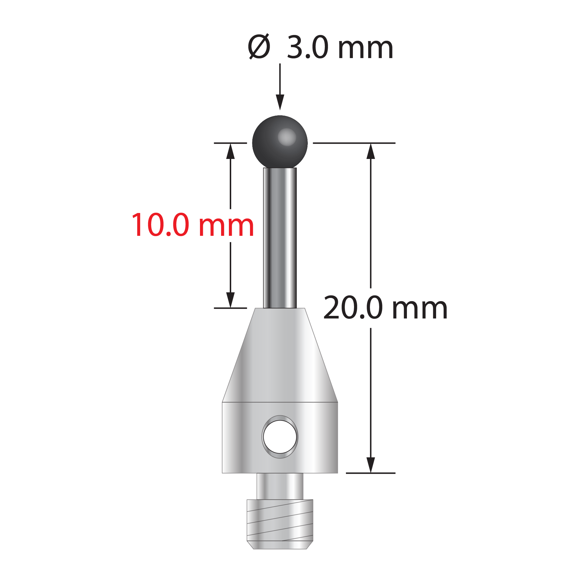 TM4-3021.5-EC M4 stylus with 3.0mm ruby ball, carbide stem, and stainless steel base.