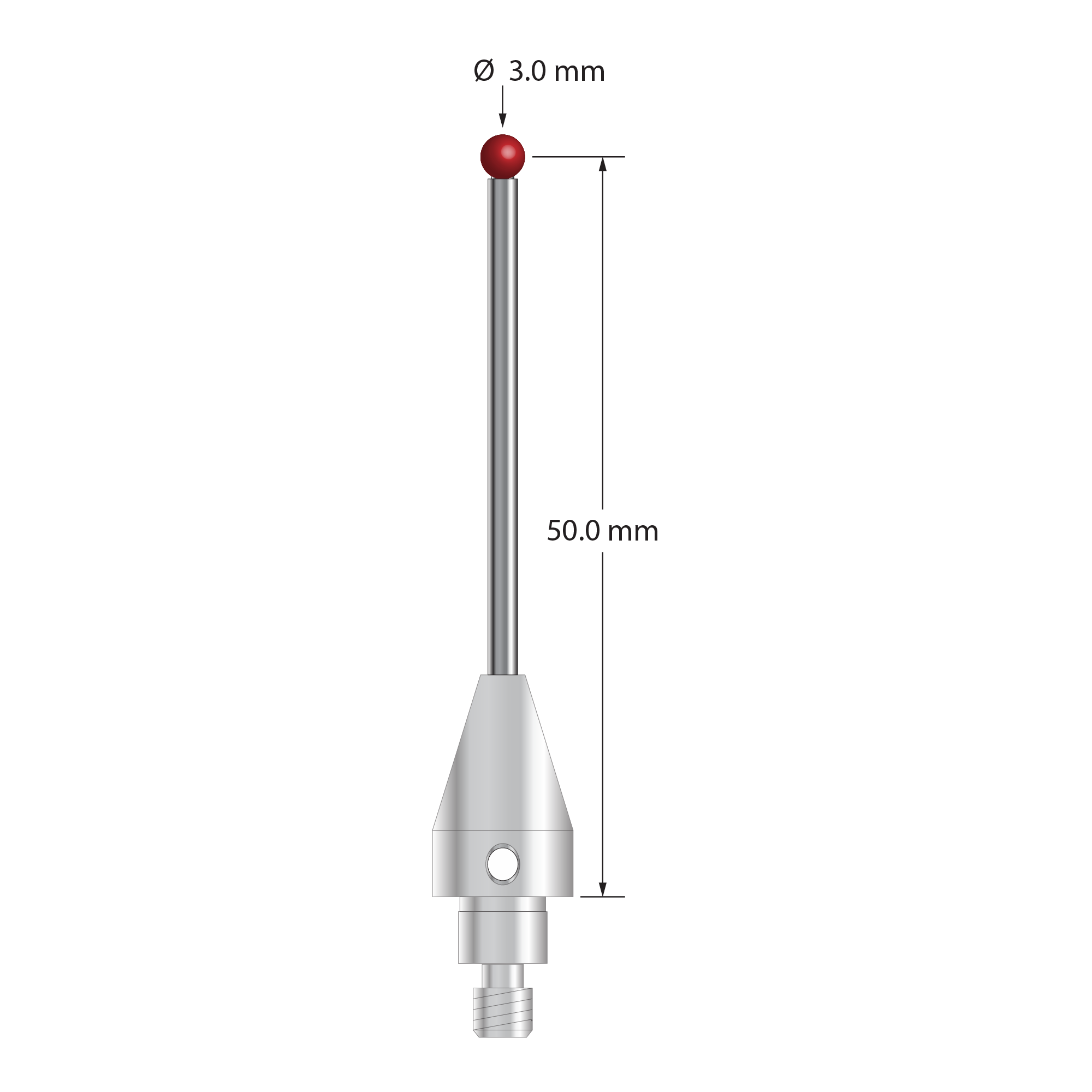 M4 stylus for Blum probe with 3.0 mm diameter ruby ball, 2.0 mm diameter carbide stem, and 9.5 mm diameter x 15.0 mm long stainless steel base. Stylus length to ball center is 50.0 mm. Compare to Blum P03.8000-012.050.03.