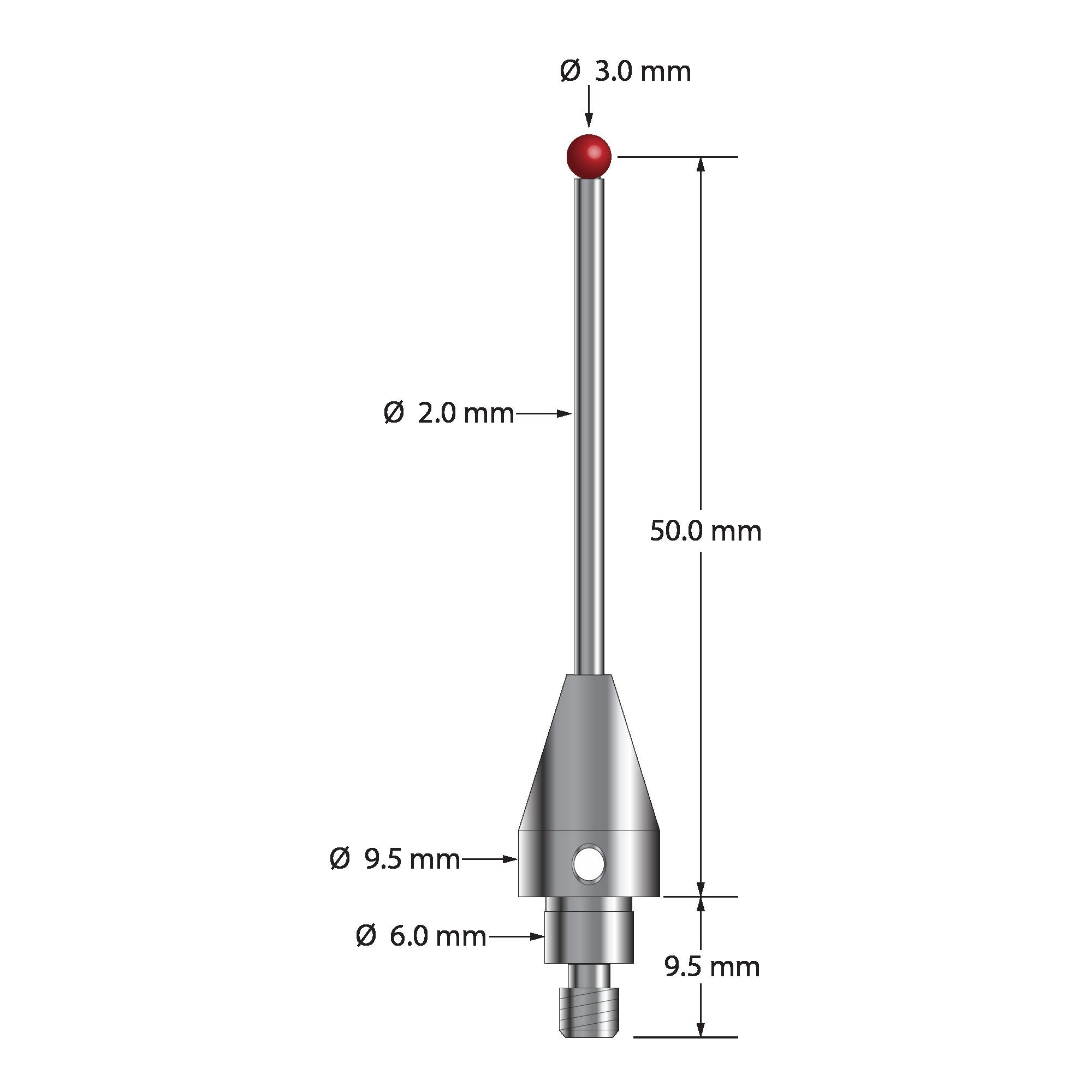 TM4-3051.5-BL-TC50/51 M4 stylus, 3.0mm ruby ball, carbide stem, 50.0mm length by Q-Mark Manufacturing, Inc.