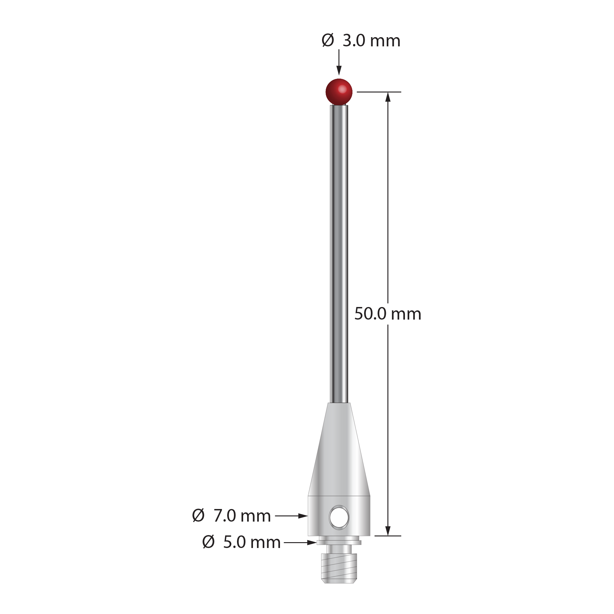 TM4-3051.5-BL M4 stylus with 3.0mm ruby ball, carbide stem, and stainless steel base, 50mm long.