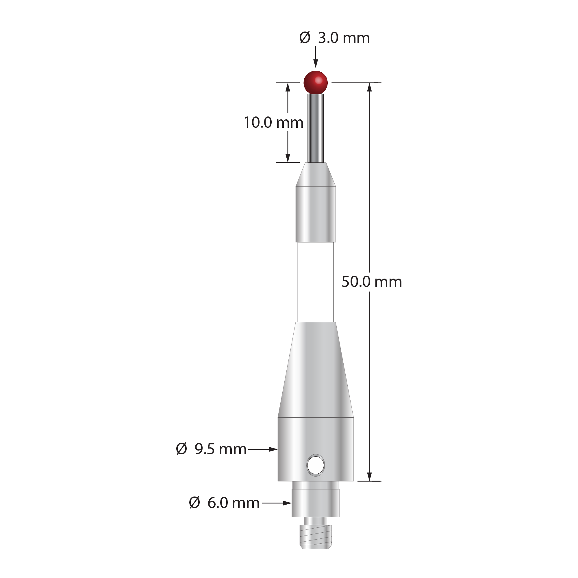 TM4-3051.5-C-BL-TC50/51 M4 stylus with 3.0mm ruby ball, carbide stem, ceramic body, and stainless steel base by Q-Mark Manufacturing, Inc.