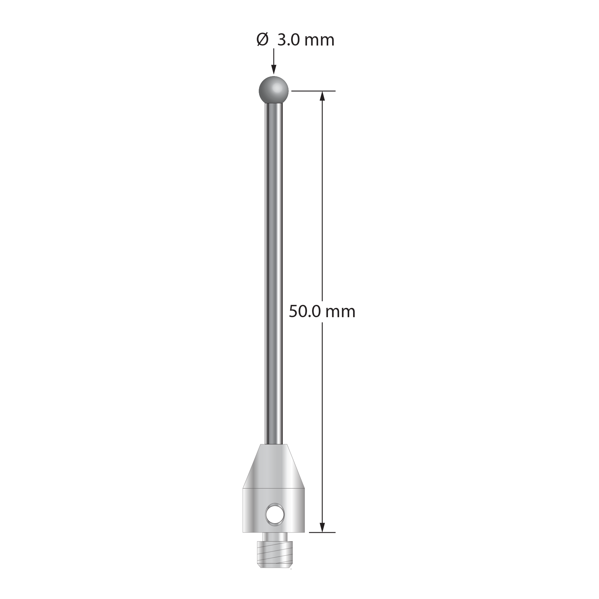 TM4-3051.5-D M4 stylus with 3.0mm solid diamond sphere, carbide stem, and stainless steel base.