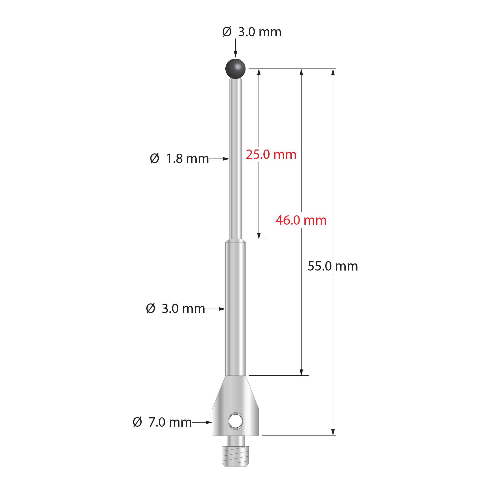 M4 stylus with 3.0 mm diameter carbide ball and stainless steel base and stem. Stylus is electrically conductive. Stylus length to ball center is 55.0 mm. Weight is 3.82 grams. Compare to Renishaw A-5000-9697.