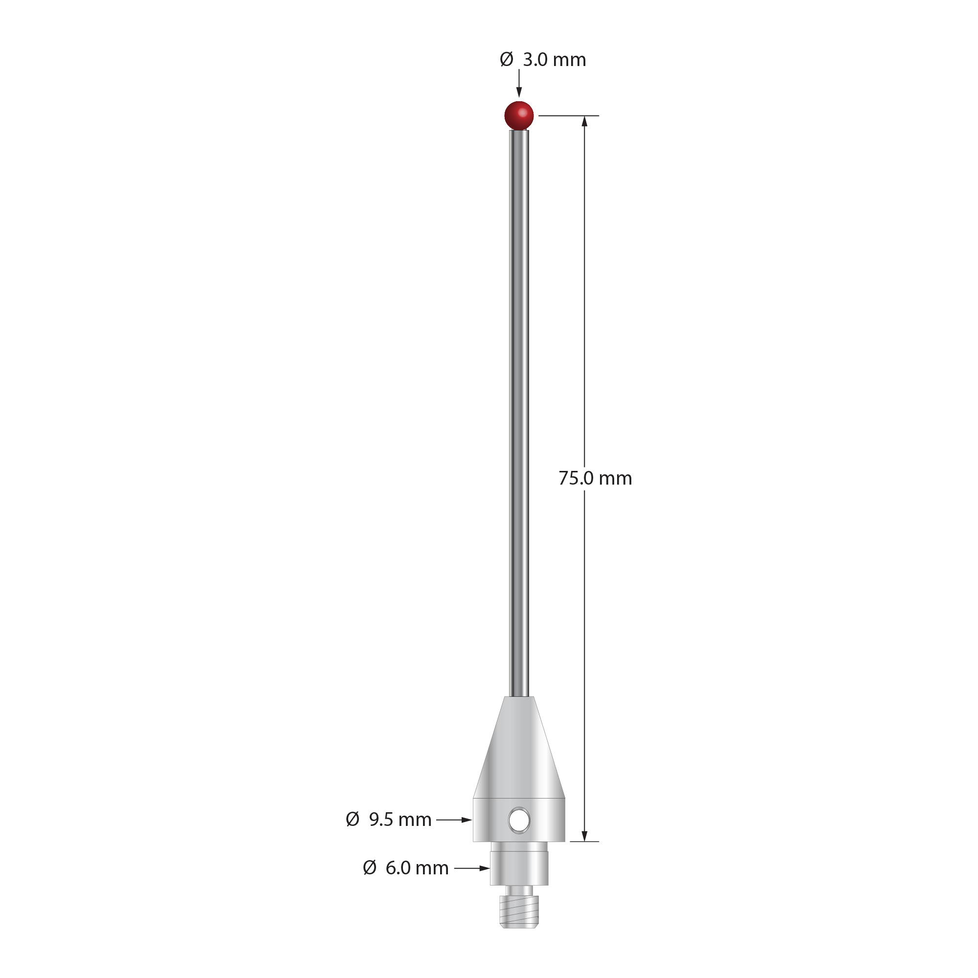 M4 stylus for Blum probe with 3.0 mm diameter ruby ball, 2.0 mm diameter carbide stem, and 9.5 mm diameter x 15.0 mm long stainless steel base.  Stylus length to ball center is 75.0 mm.  Compare to Blum 143528.