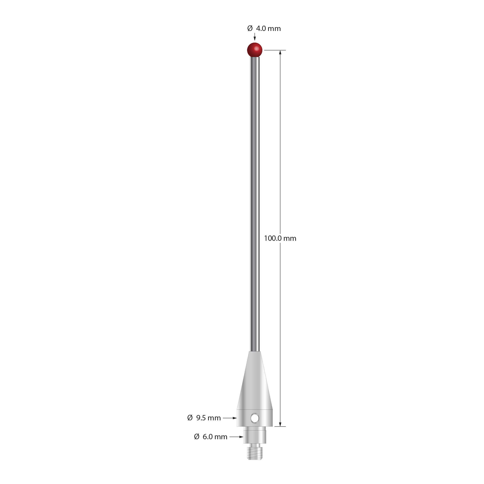 TM4-40102-BL-TC50/51 M4 stylus, 4.0mm ruby ball, carbide stem, stainless steel base, 100.0mm length by Q-Mark Manufacturing, Inc.