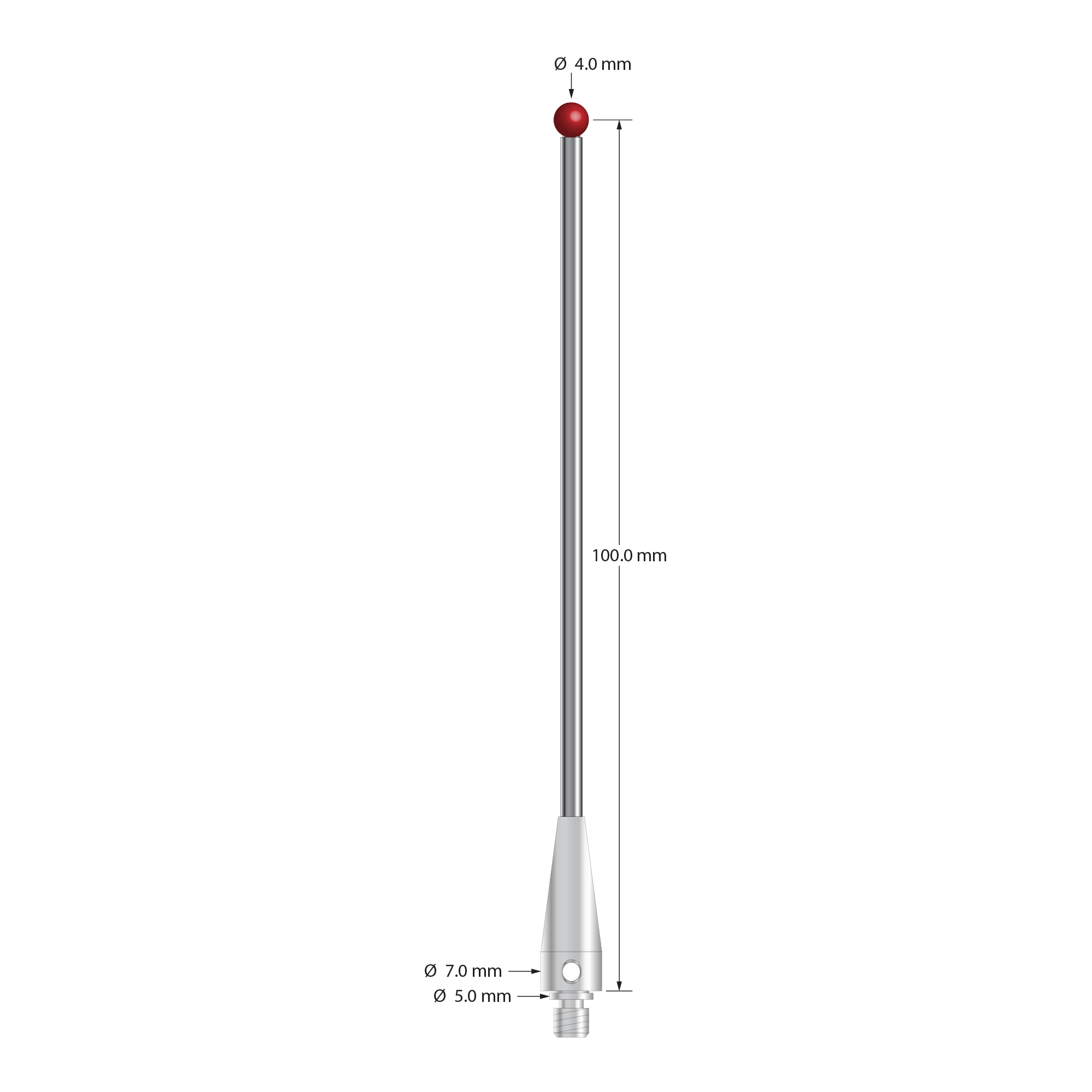 TM4-40102-BL M4 stylus with 4.0mm ruby ball, carbide stem, and stainless steel base, 100.0mm long by Q-Mark Manufacturing, Inc.