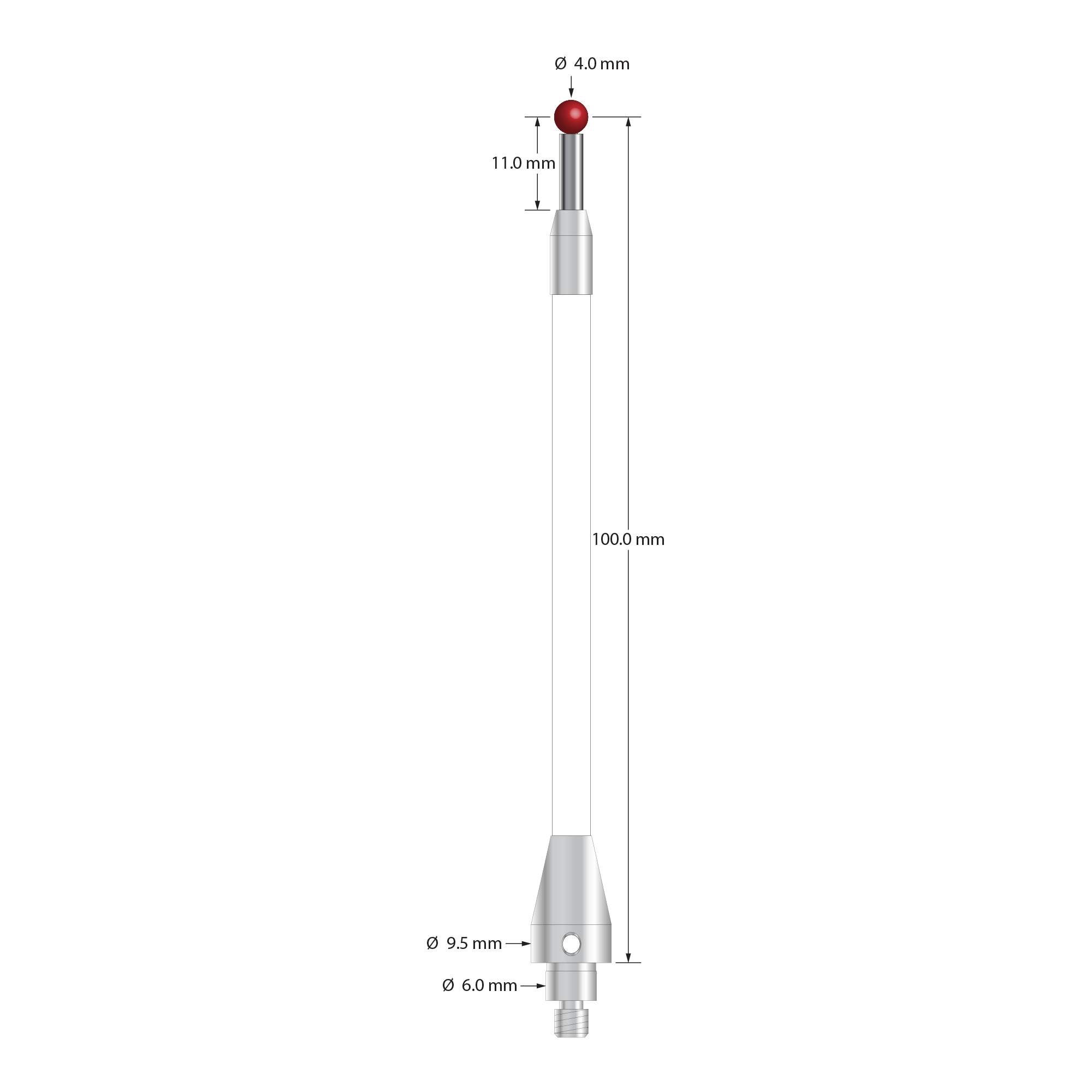 TM4-40102-C-BL-TC50/51 M4 stylus with 4.0mm ruby ball, carbide stem, ceramic body, and stainless steel base.