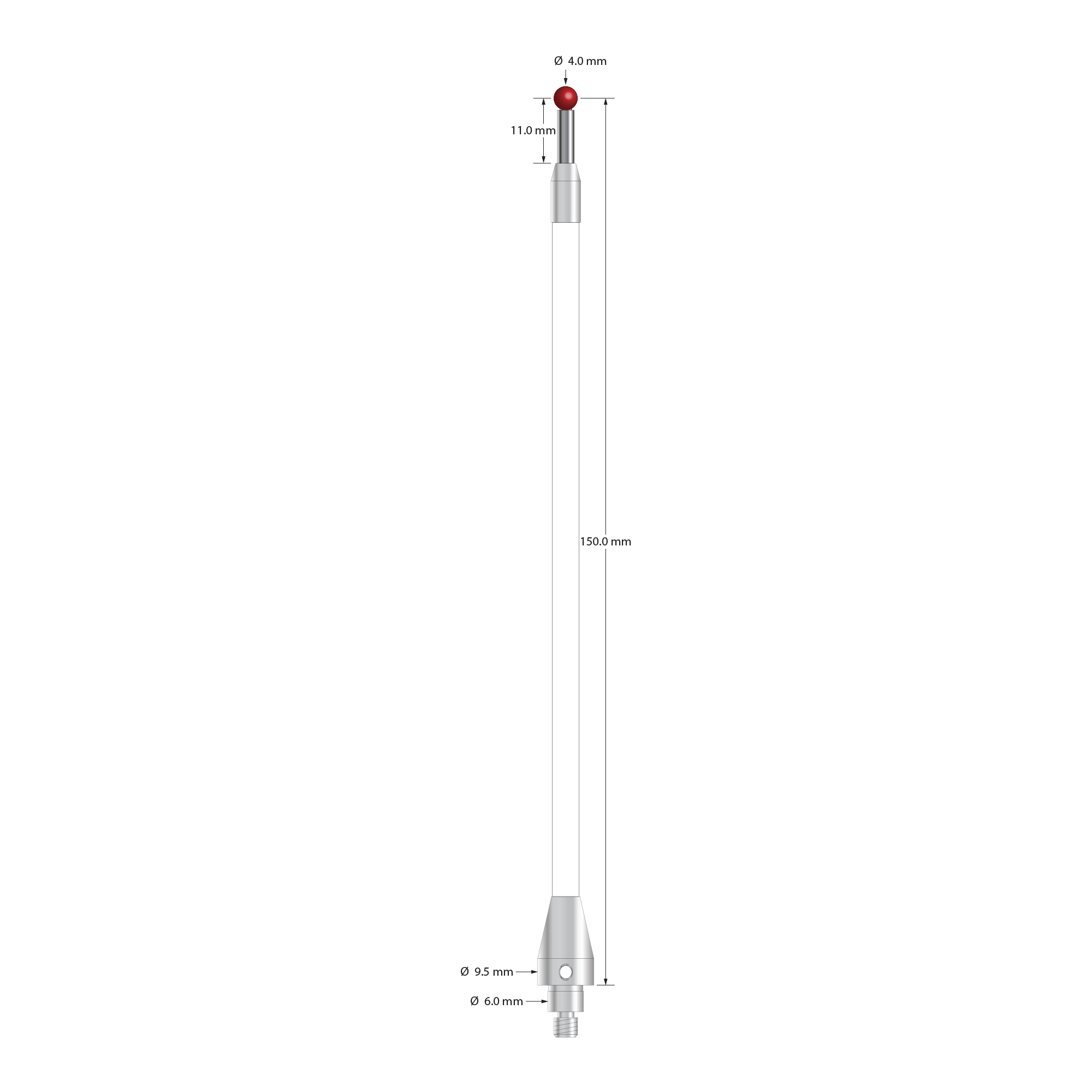 TM4-40152-C-BL-TC50/51 M4 stylus, 4.0mm ruby ball, carbide stem, ceramic body, 150mm length by Q-Mark Manufacturing, Inc.