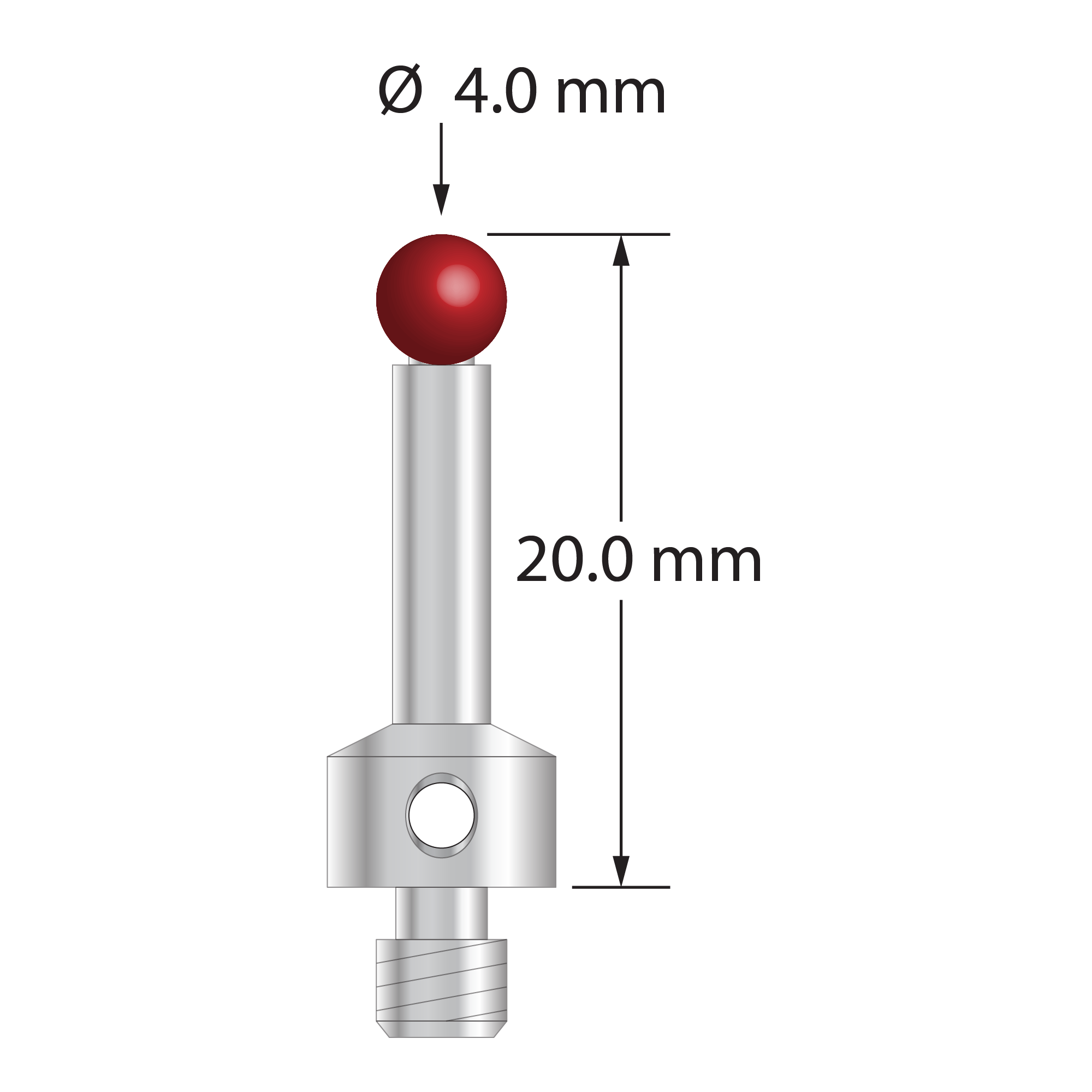 M4 stylus with 4.0 mm diameter ruby ball, 3.0 mm diameter stainless steel stem, and 7.0 mm diameter x 5.0 mm long stainless steel base. Overall stylus length is 20.0 mm. Stylus weight is 2.24 grams. Compare to Renishaw A-5000-7551 and Mitutoyo K651188.