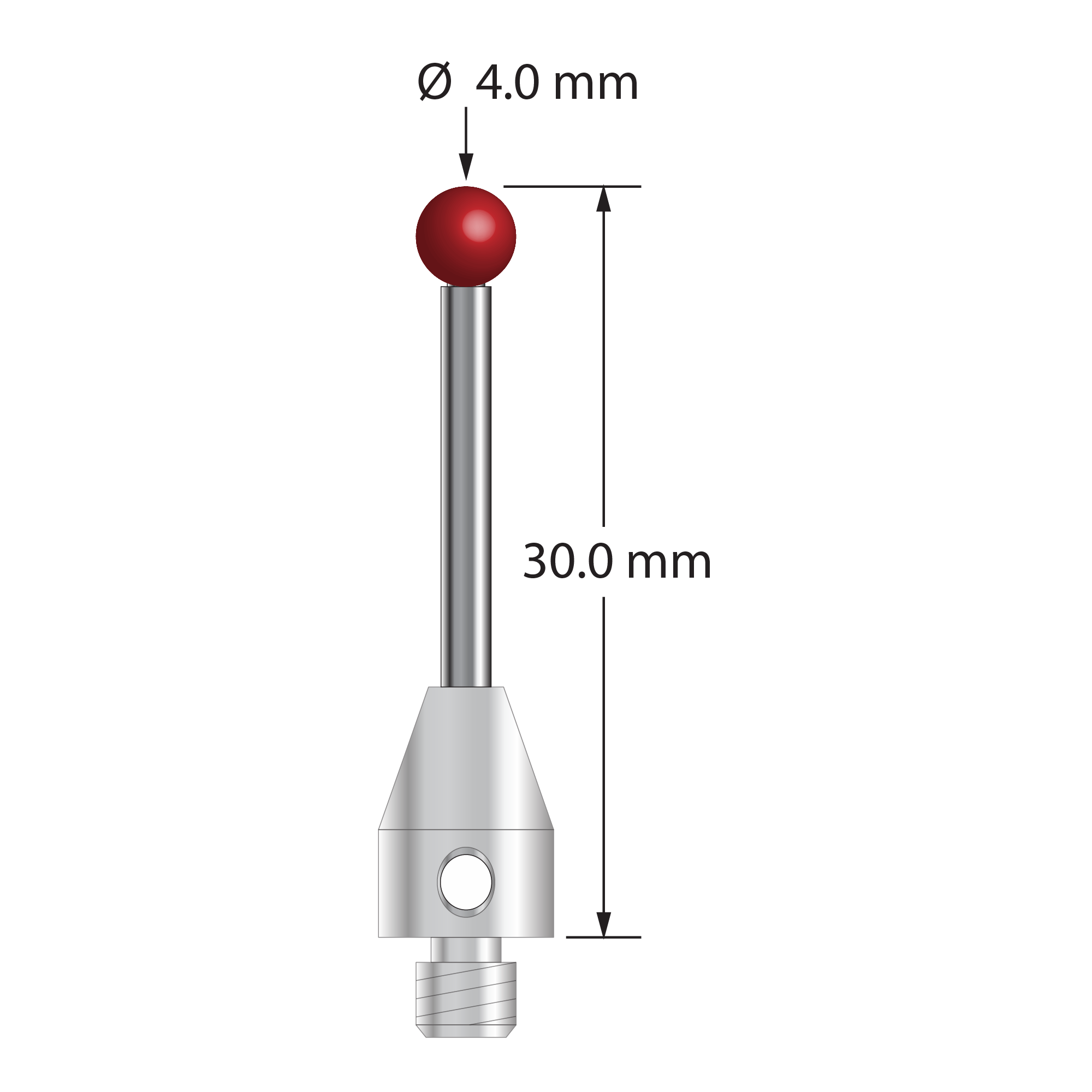 TM4-4030 M4 stylus with 4.0mm ruby ball, carbide stem, and stainless steel base, 30mm long.