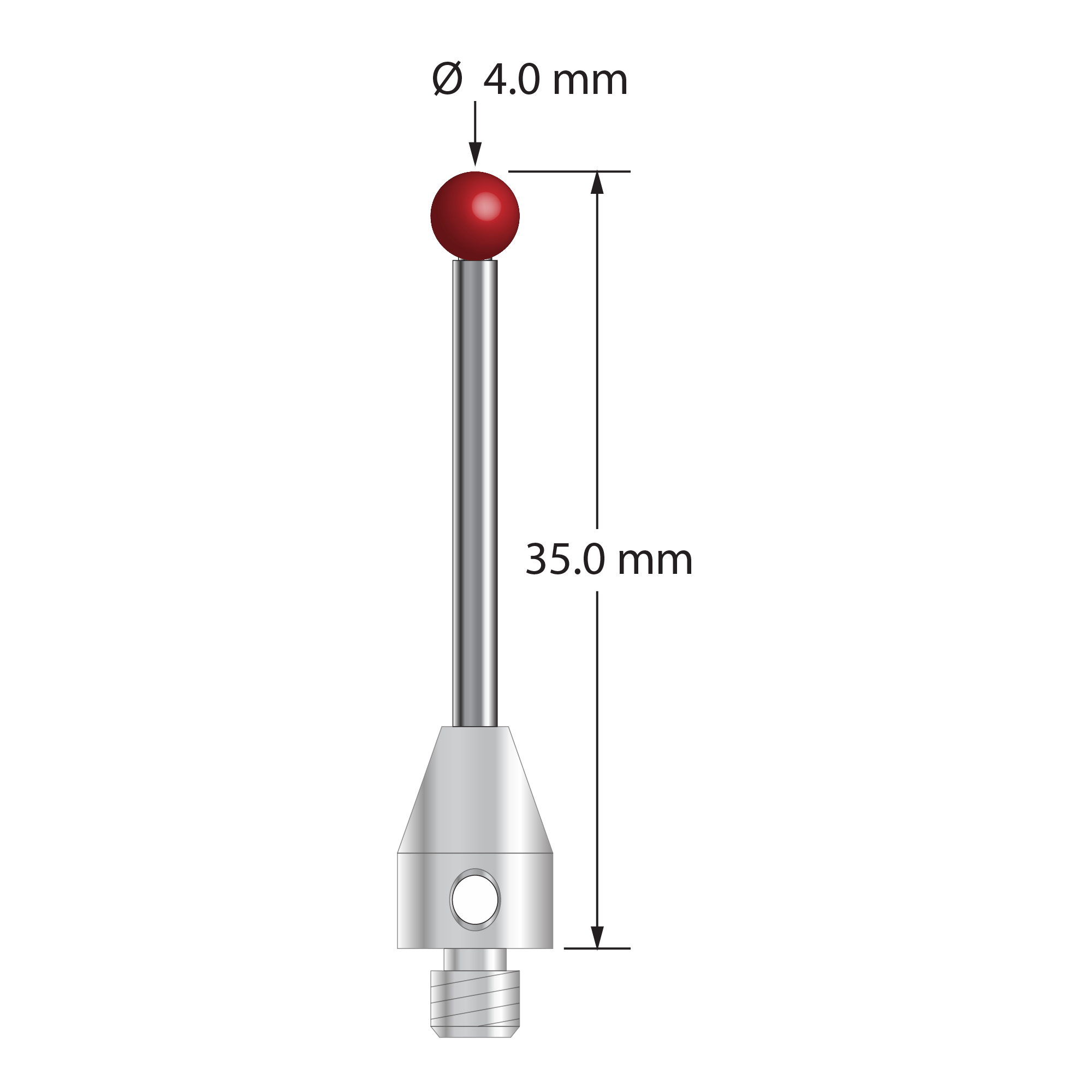 TM4-4035 M4 stylus with 4.0mm ruby ball, carbide stem, and stainless steel base, 35.0mm long by Q-Mark Manufacturing, Inc.