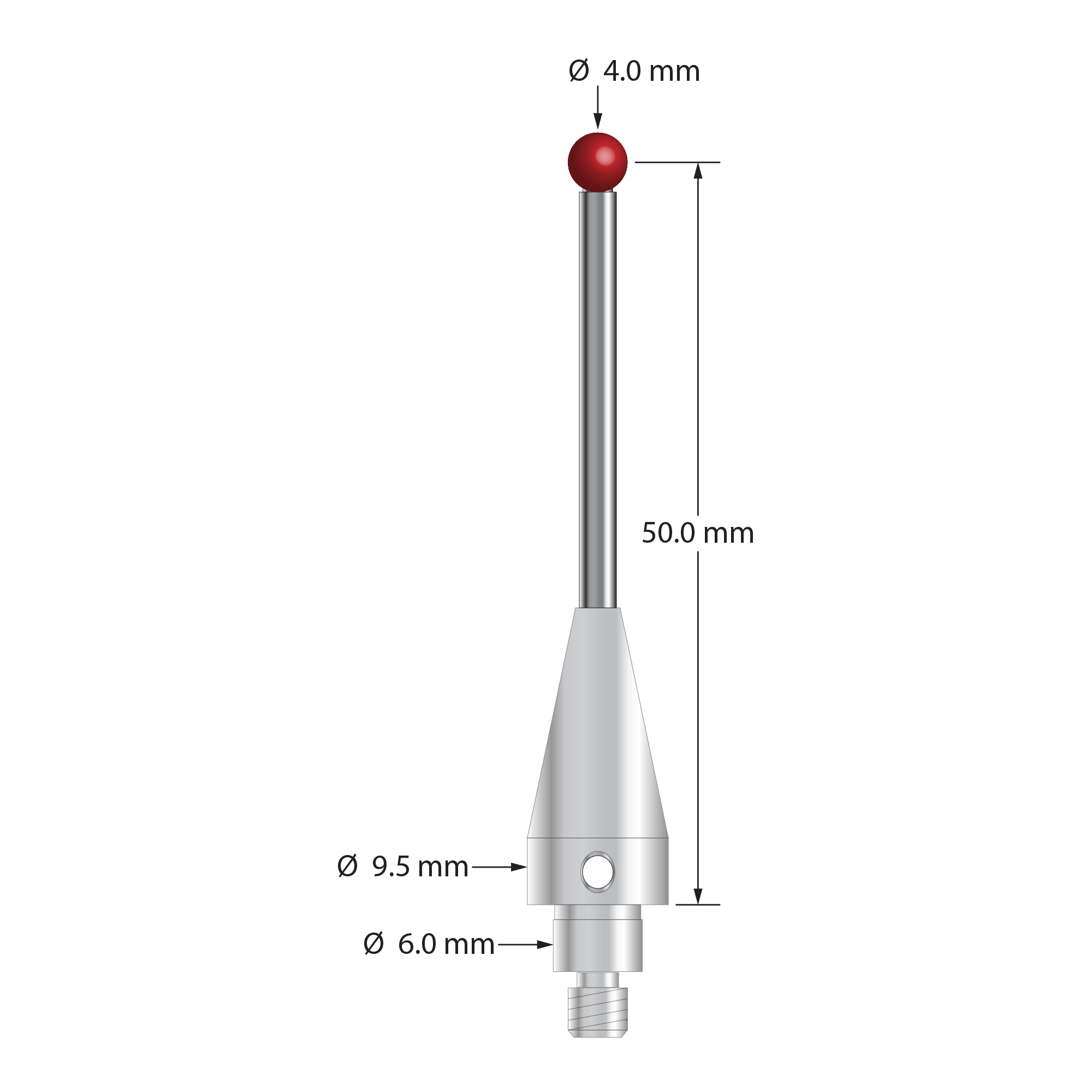TM4-4052-BL-TC50/51 M4 stylus, 4.0mm ruby ball, carbide stem, stainless steel base, 50.0mm length by Q-Mark Manufacturing, Inc.