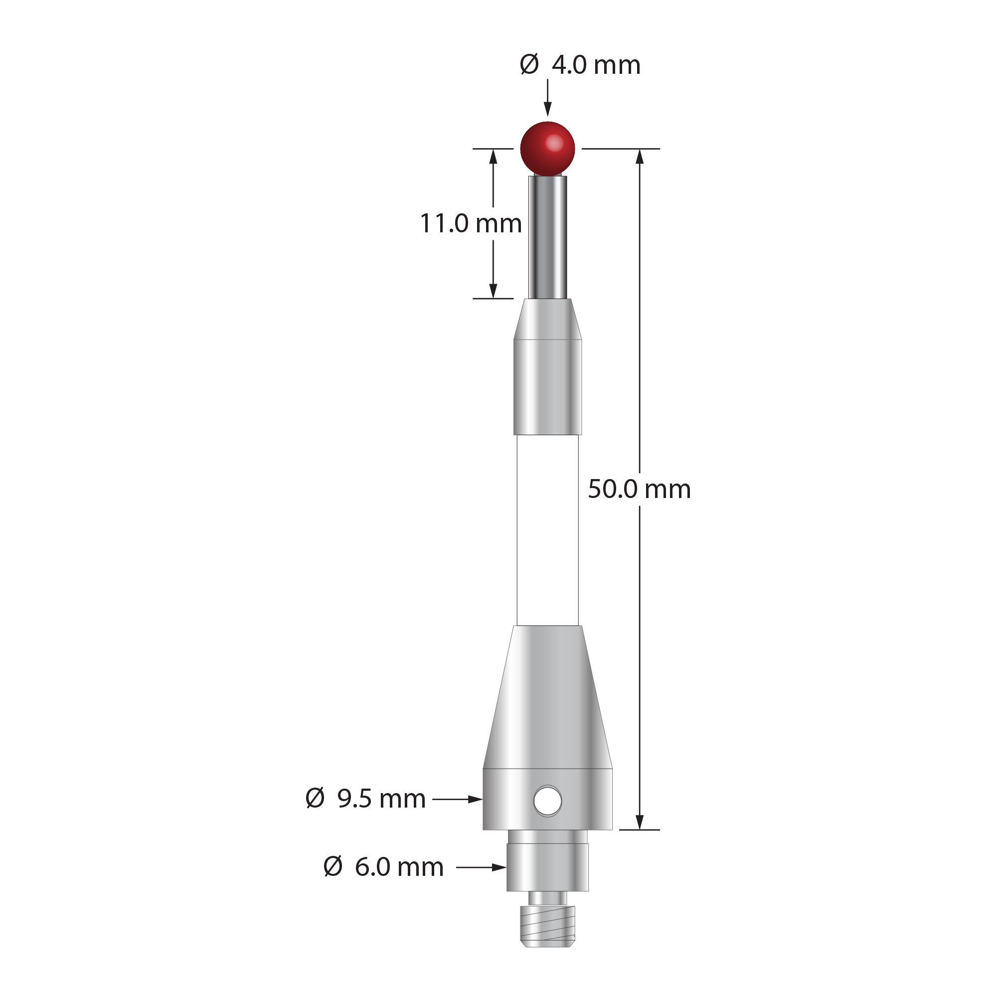 TM4-4052-C-BL-TC50/51 M4 stylus with 4.0mm ruby ball, carbide stem, ceramic body, and stainless steel base.