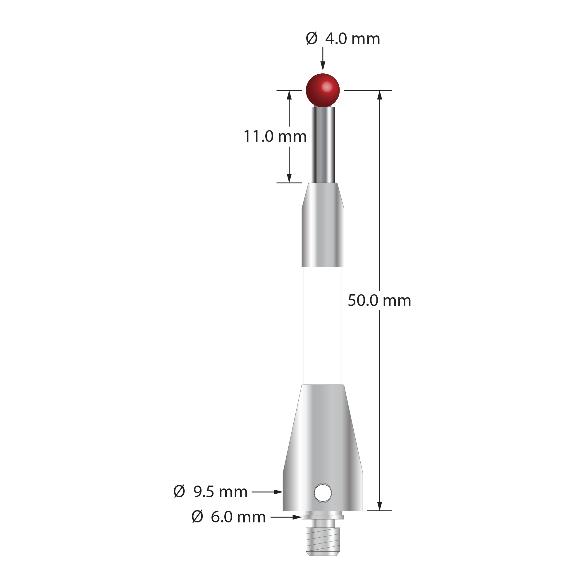 TM4-4052-C-BL M4 stylus, 4.0mm ruby ball, carbide stem, ceramic body, stainless steel base, 50.0mm long by Q-Mark Manufacturing, Inc.