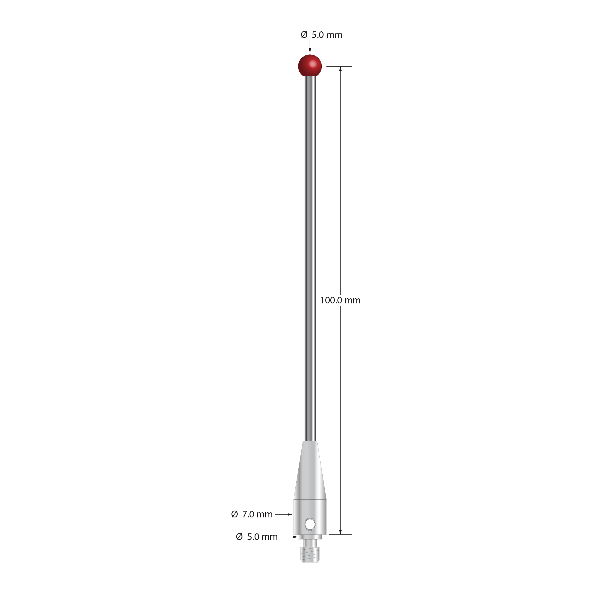 M4 stylus for Blum probe with 5.0 mm diameter ruby ball, 2.5 mm diameter carbide stem, and 7.0 mm diameter x 20.0 mm long stainless steel base. Stylus length to ball center is 100.0 mm. Compare to Blum P03.8000-022.100.05.