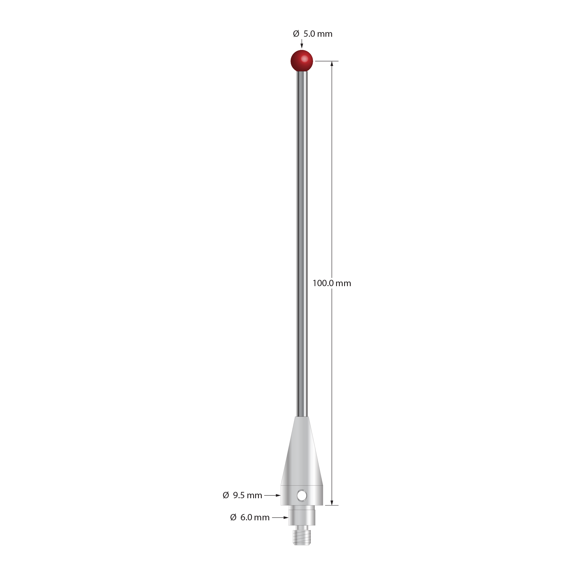 TM4-50102.5-BL-TC50/51 M4 stylus with 5.0mm ruby ball, carbide stem, and stainless steel base, 100.0mm long by Q-Mark Manufacturing, Inc.