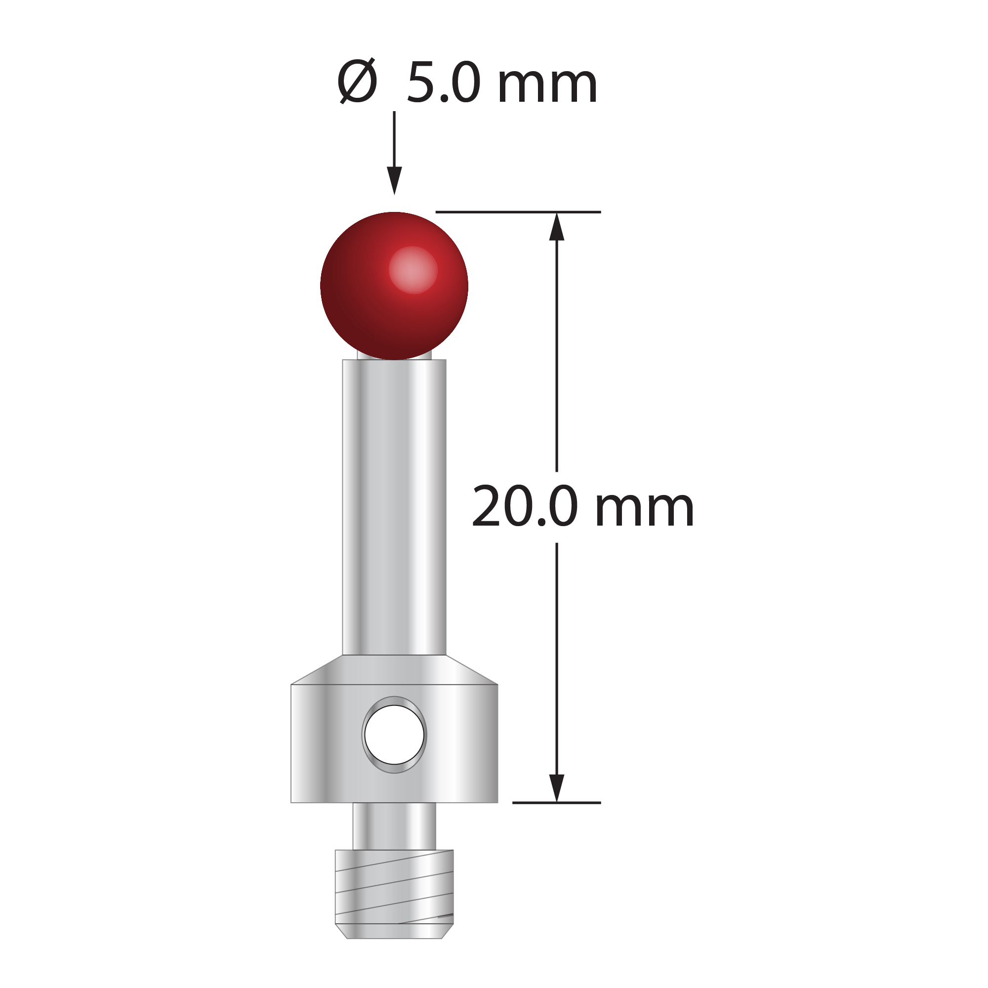 M4 stylus with 5.0 mm diameter ruby ball, 3.5 mm diameter stainless steel stem, and 7.0 mm diameter stainless steel base. Overall stylus length is 20.0 mm. Stylus weight is 2.45 grams. Compare to Renishaw A-5000-7553 and Mitutoyo K651185.