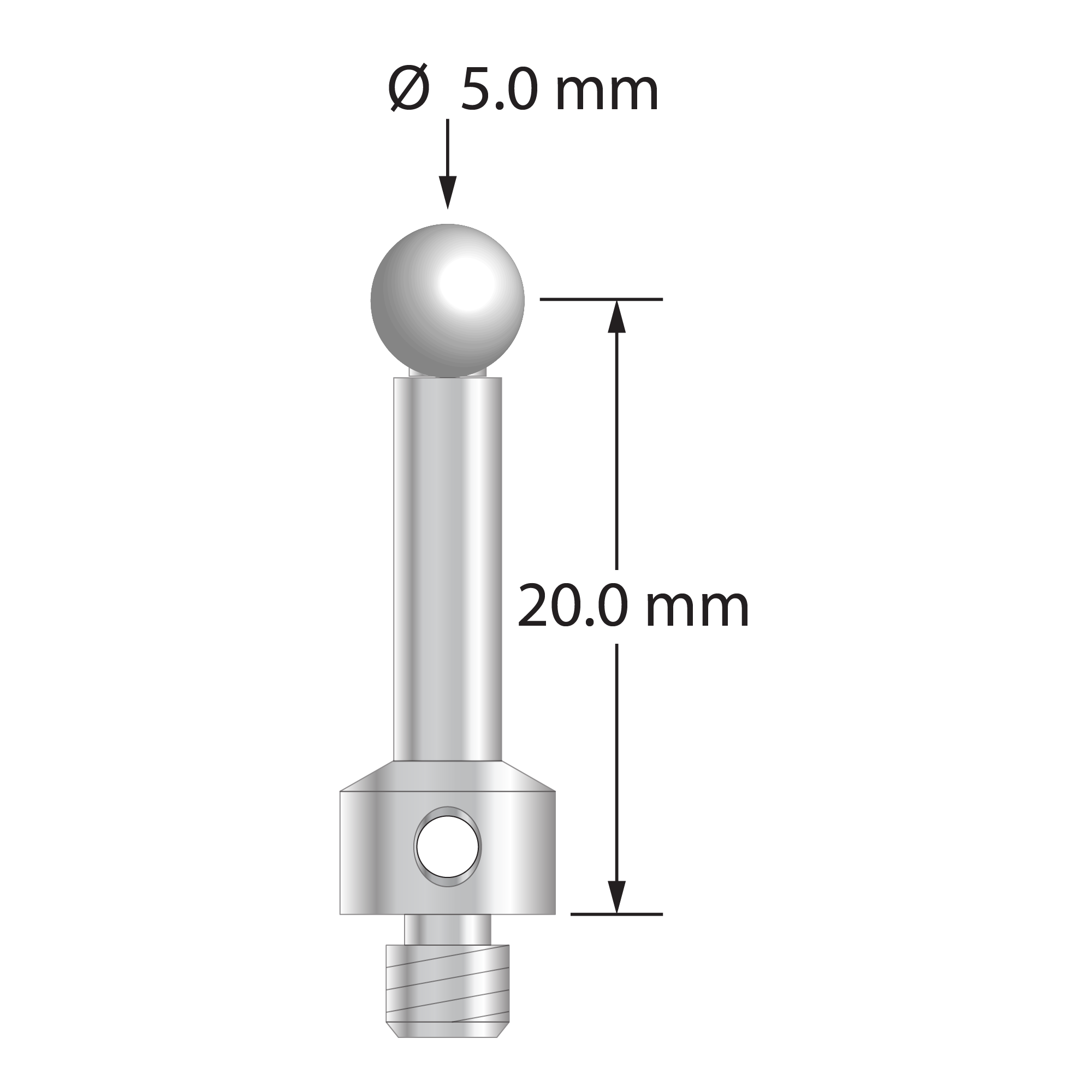 TM4-5022.5-S-Z M4 stylus with 5.0mm zirconia ball and stainless steel stem, 20.0mm long, by Q-Mark Manufacturing, Inc.