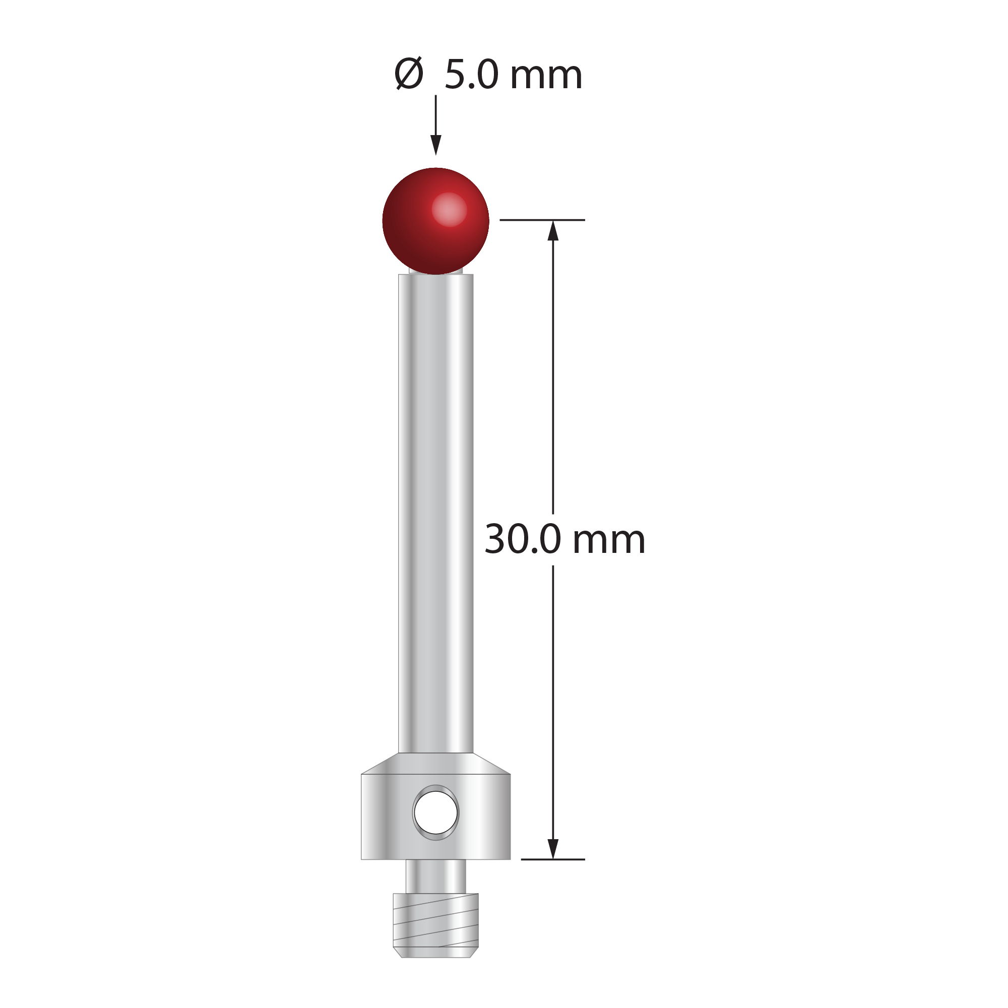 M4 stylus with 5.0 mm diameter ruby ball, 3.5 mm diameter stainless steel stem, and 7.0 mm diameter stainless steel base. Stylus length to ball center is 30.0 mm. Stylus weight is 3.02 grams. Compare to Renishaw A-5000-6352.