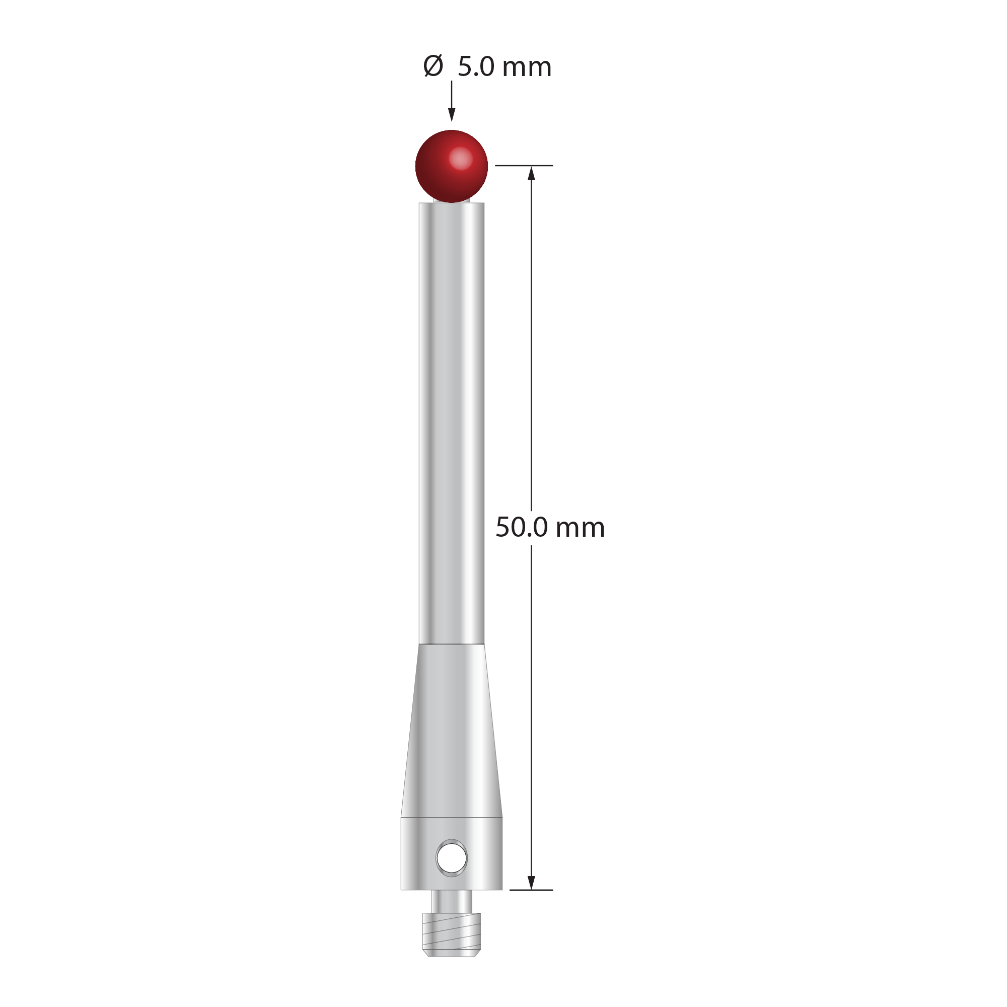 M4 stylus with 5.0 mm diameter ruby ball, 4.5 mm diameter stainless steel stem, and 7.0 mm diameter x 17.0 mm long stainless steel base. Stylus length to ball center is 50.0 mm. Stylus weight is 8.36 grams. Compare to Renishaw A-5000-7521 and Mitutoyo K651192.