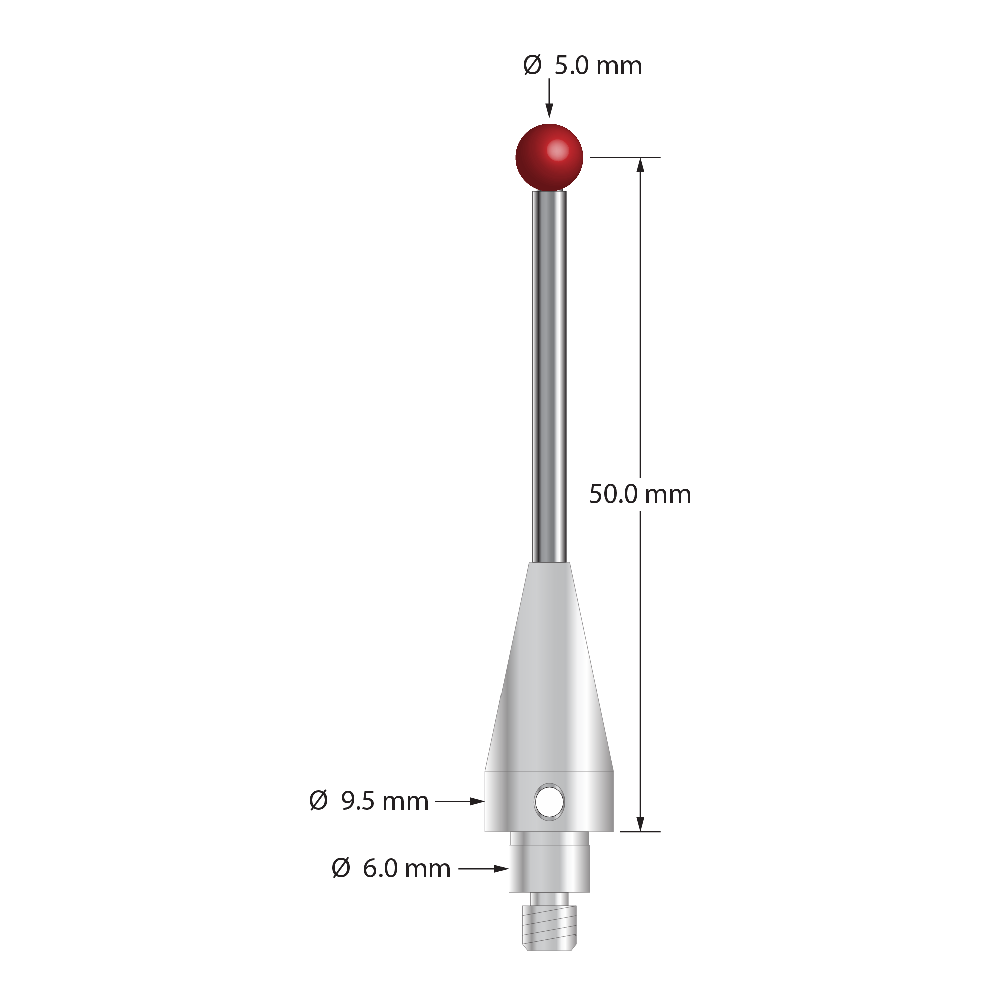 TM4-5052.5-BL-TC50/51 M4 stylus, 5.0mm ruby ball, carbide stem, stainless steel base, 50.0mm long by Q-Mark Manufacturing, Inc.
