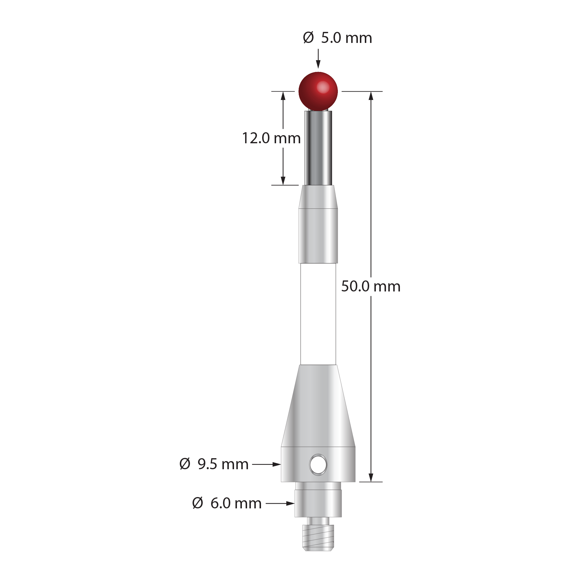 TM4-5052.5-C-BL-TC50/51 M4 stylus, 5.0mm ruby ball, carbide stem, ceramic body, 50.0mm long.