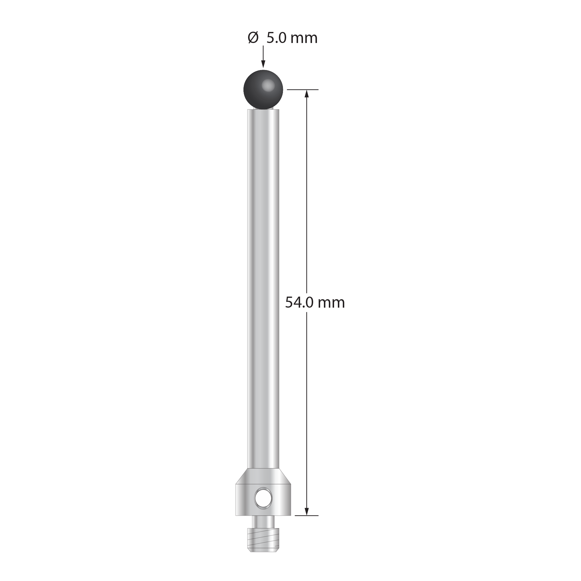 M4 stylus with 5.0 mm diameter carbide ball, 4.0 mm diameter stainless steel stem, and 7.0 mm diameter x 6.0 mm long stainless steel base. Stylus is electrically conductive. Length to ball center is 54.0 mm. Weight is 6.09 grams. Compare to Renishaw A-5000-9685.