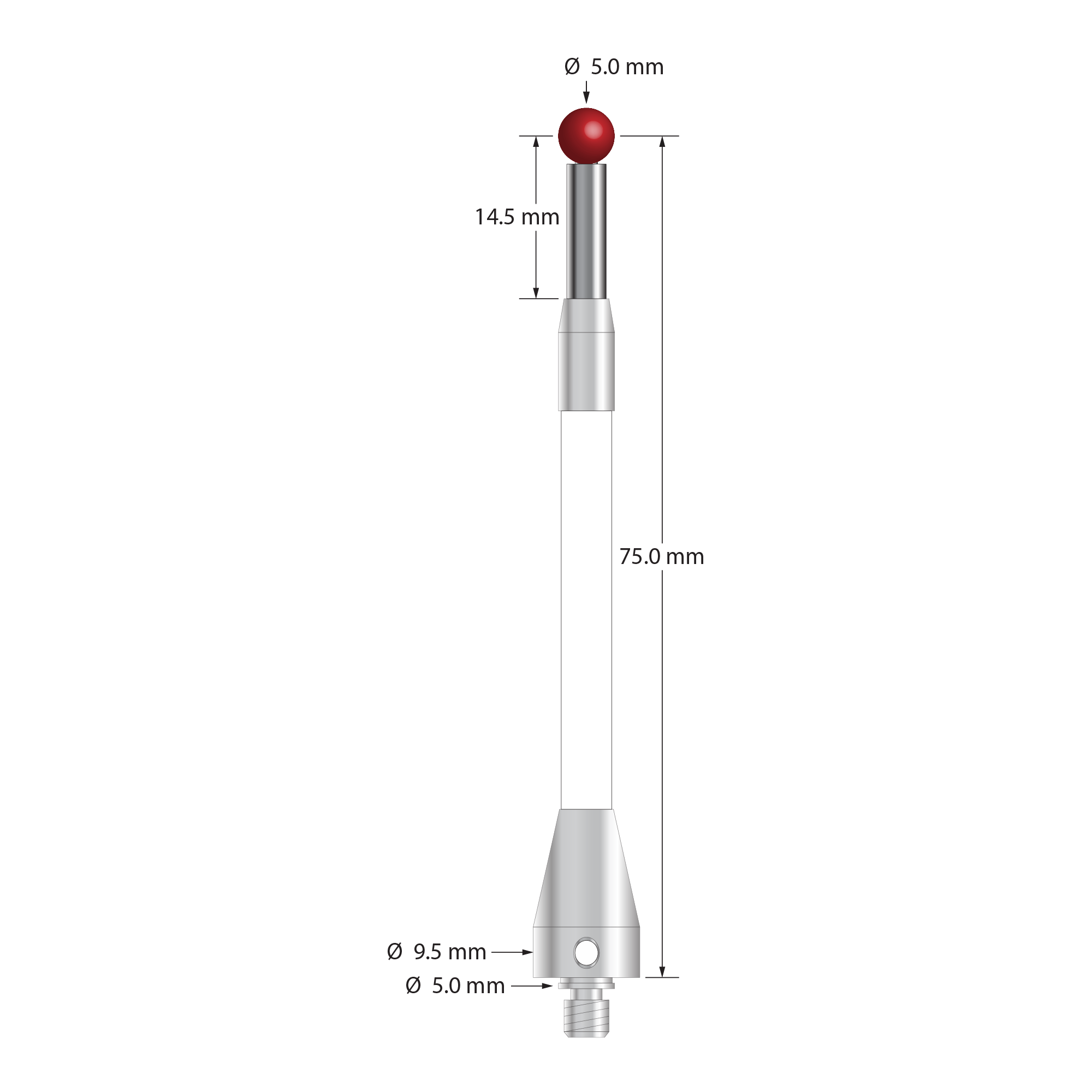 TM4-5077.5-C-BL M4 stylus with 5.0mm ruby ball, carbide stem, ceramic body, stainless steel fittings, 75.0mm length by Q-Mark Manufacturing, Inc.