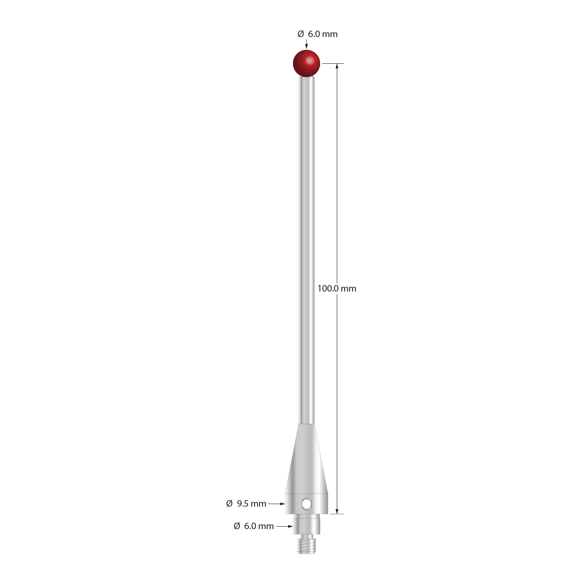 TM4-60103-S-BL-TC50/51 M4 stylus with 6.0mm ruby ball, stainless steel stem and base, 100mm length by Q-Mark Manufacturing, Inc.