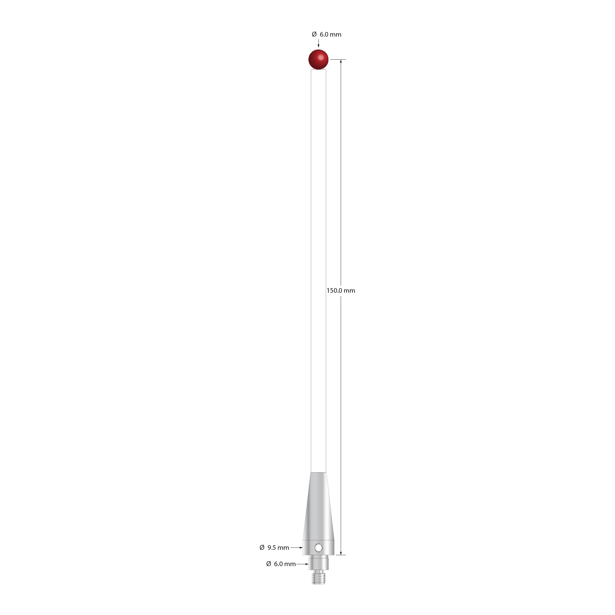 TM4-60153-C-BL-TC50/51 M4 stylus, 6.0mm ruby ball, ceramic stem, 150.0mm long by Q-Mark Manufacturing, Inc.
