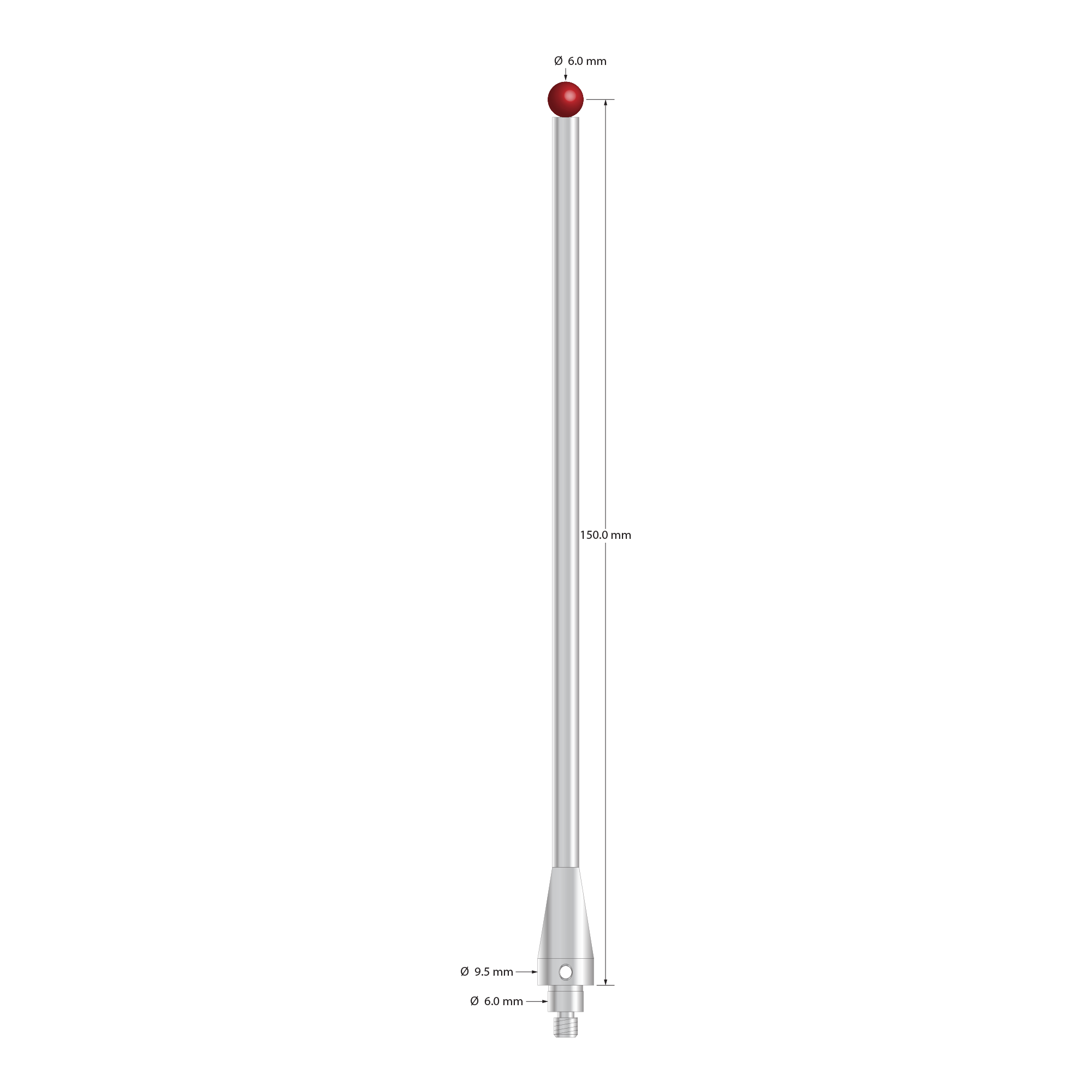 TM4-60153-S-BL-TC50/51 M4 stylus, 6.0mm ruby ball, stainless steel stem and base, 150mm length by Q-Mark Manufacturing, Inc.