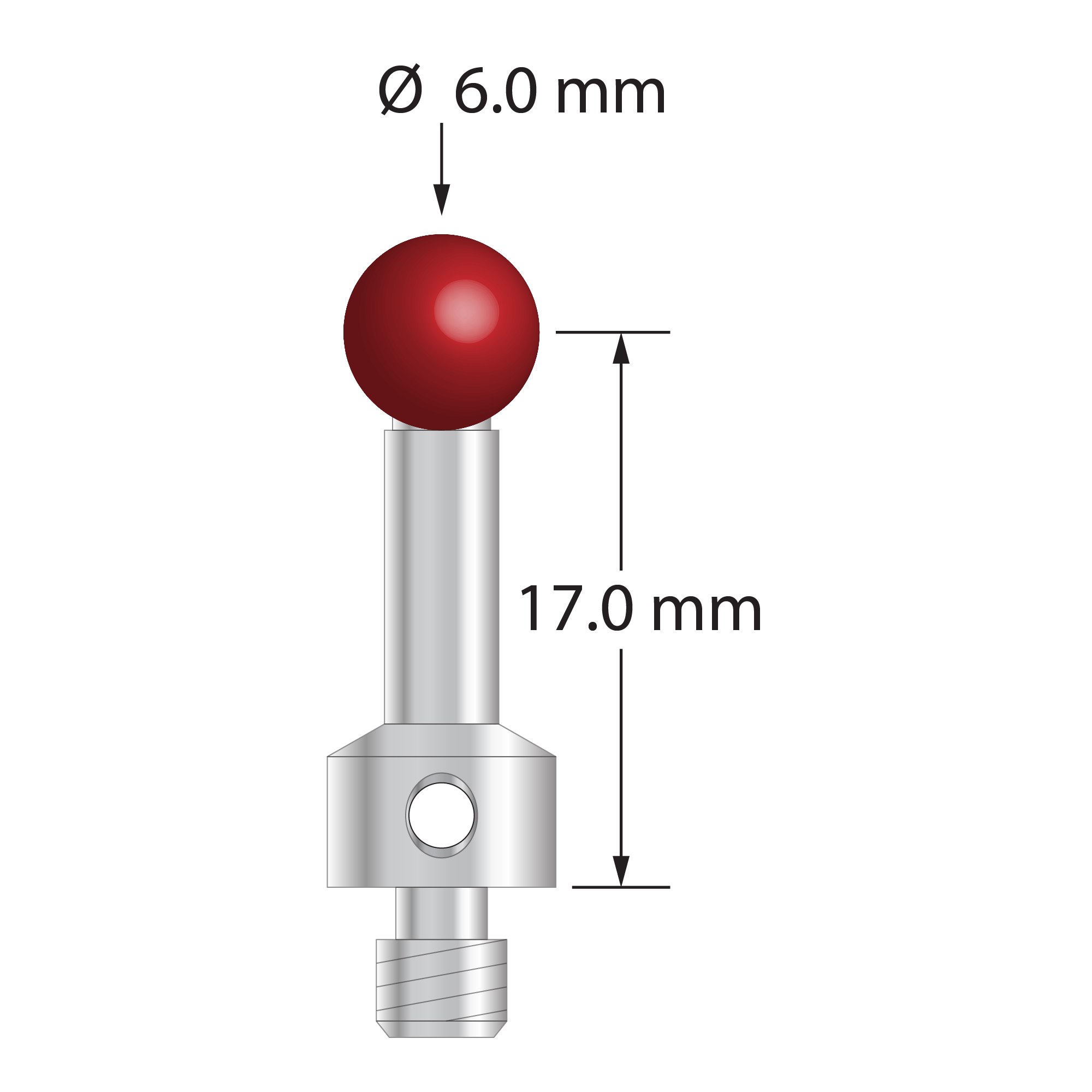 M4 stylus with 6.0 mm diameter ruby ball, 4.5 mm diameter stainless steel stem, and 7.0 mm diameter stainless steel base. Stylus length to ball center is 17.0 mm. Stylus weight is 3.00 grams. Compare to Renishaw A-5000-7555.