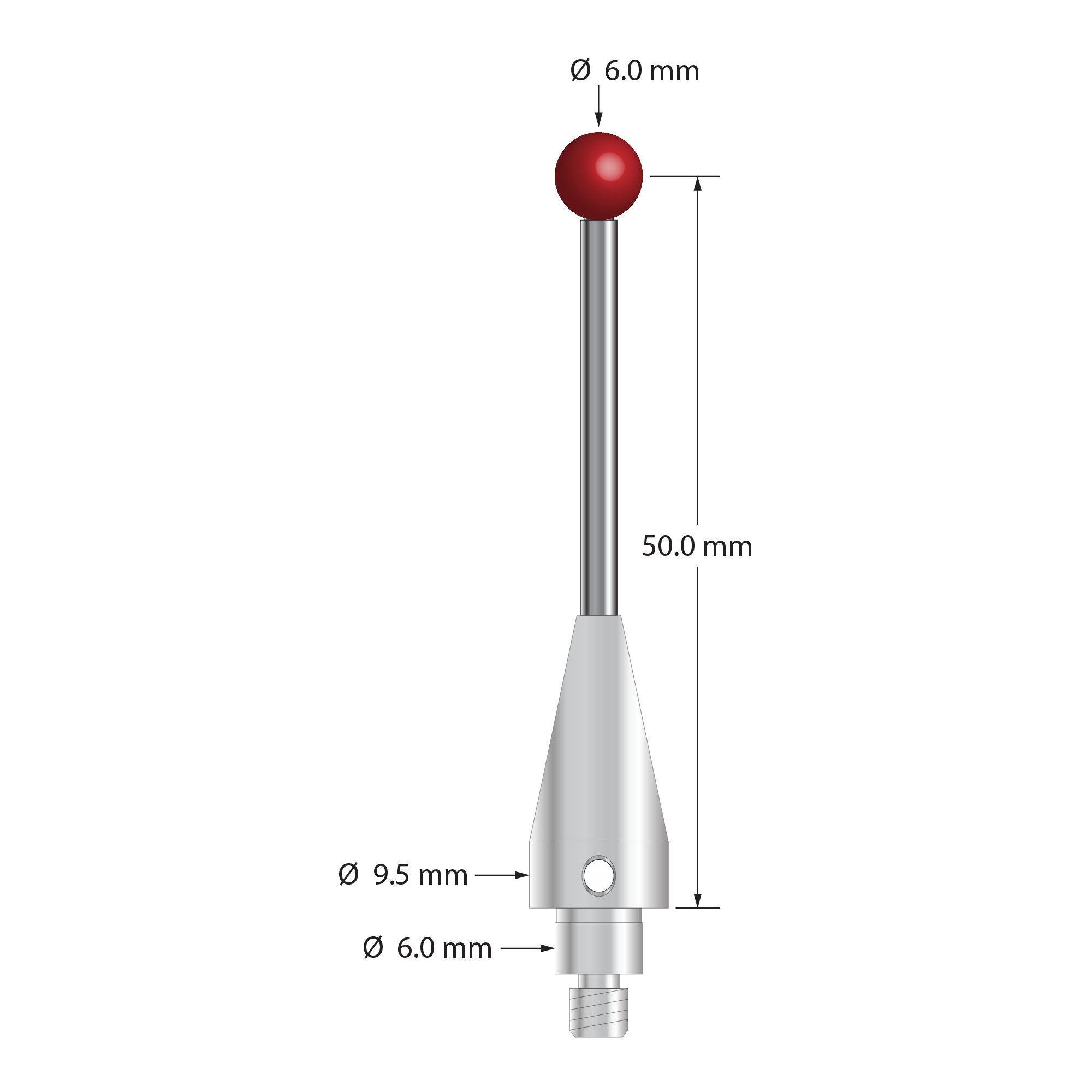 M4 stylus for Blum probe. 6.0 mm diameter ruby ball, 2.5 mm diameter carbide stem, and 9.5 mm diameter x 20.0 mm long stainless steel base. Stylus length to ball center is 50.0 mm. Compare to Blum P03.8000-012.050.06.