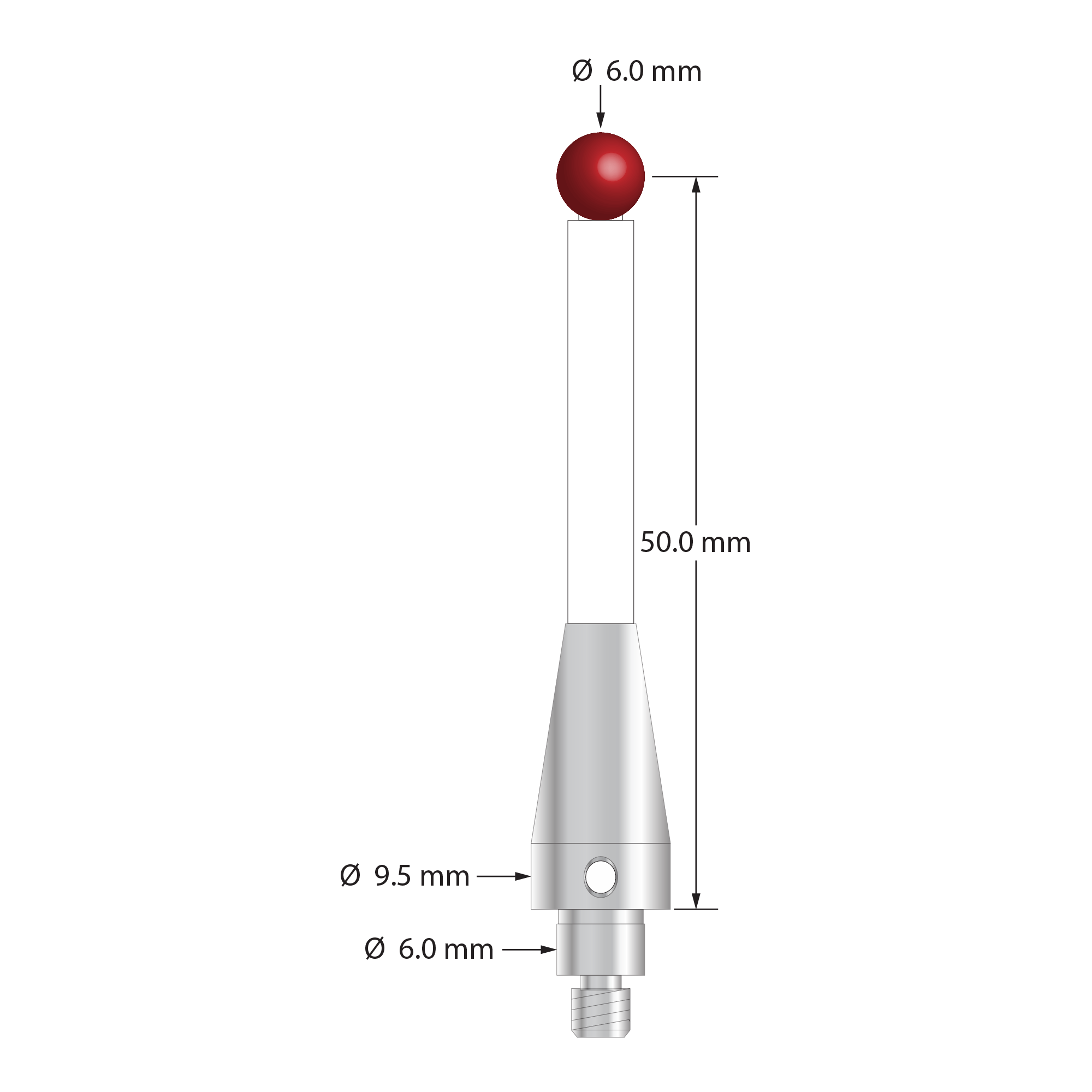 TM4-6053-C-BL-TC50/51 M4 stylus, 6.0mm ruby ball, ceramic stem, stainless steel base, 50.0mm long by Q-Mark Manufacturing, Inc.