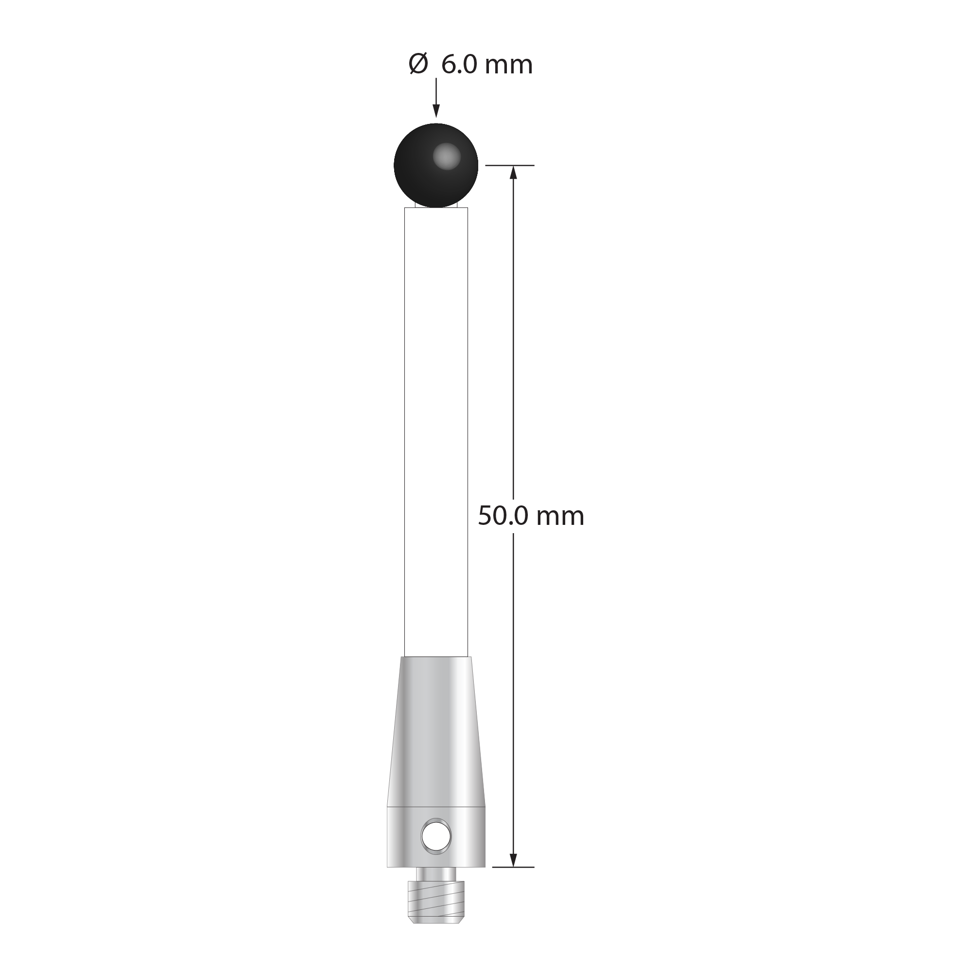 TM4-6053-C-SN M4 stylus with 6.0mm silicon nitride ball, ceramic stem, and stainless steel base.