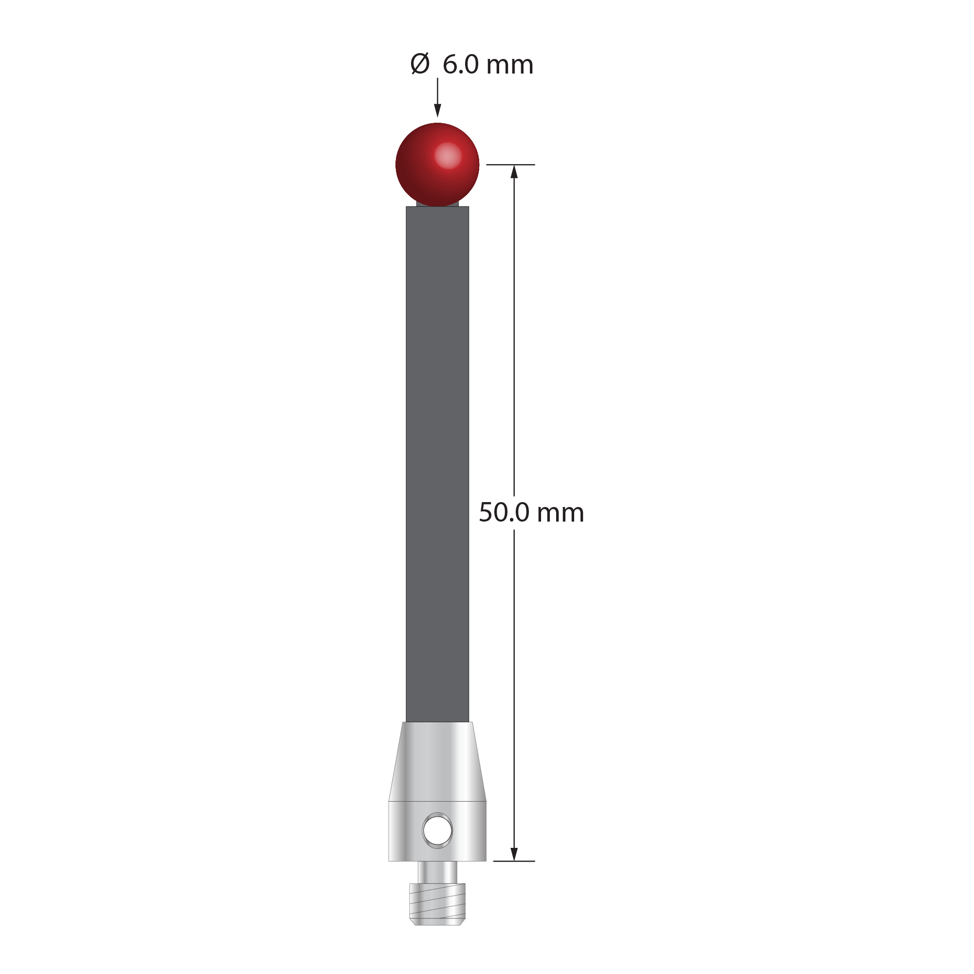M4 stylus with 6.0 mm diameter ruby ball, 4.5 mm diameter carbon fiber stem, and 7.0 mm diameter x 10.0 mm long stainless steel base. Stylus length to ball center is 50.0 mm. Stylus weight is 3.18 grams. Compare to Renishaw A-5003-7306.