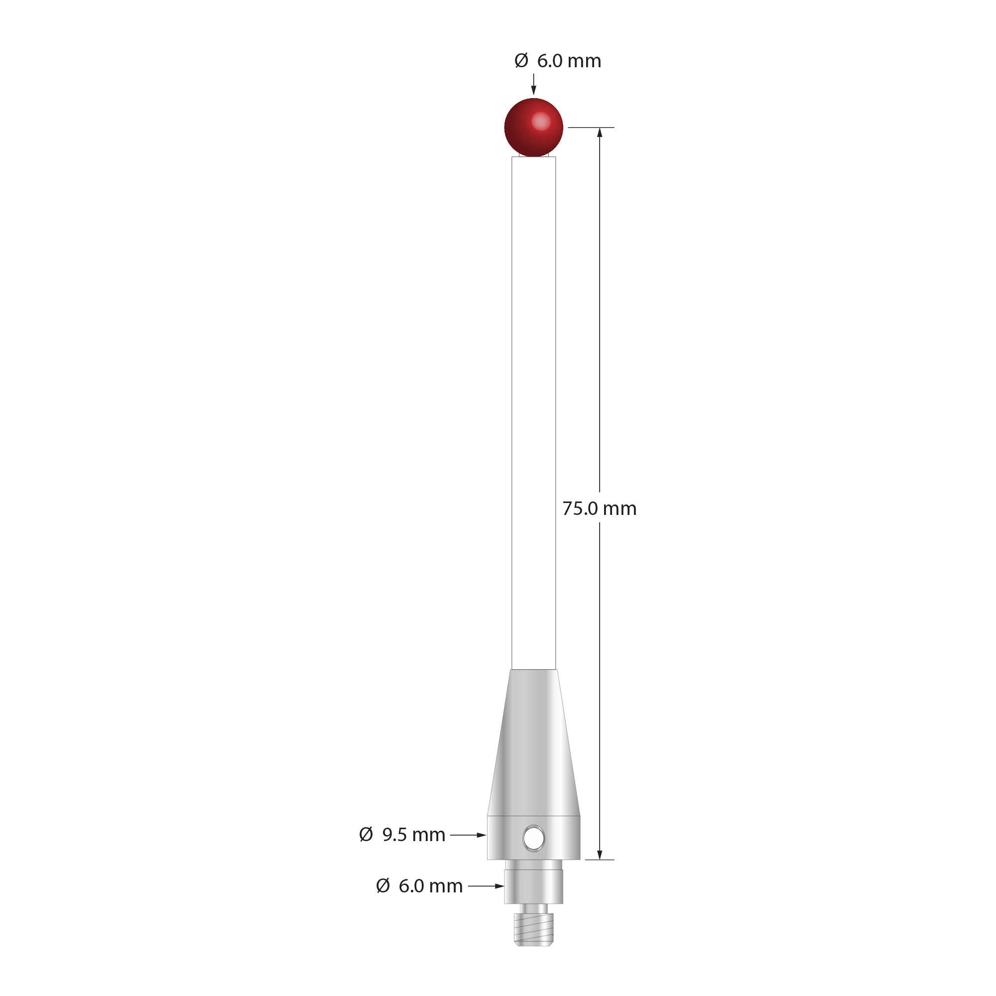 TM4-6078-C-BL-TC50/51 M4 stylus, 6.0mm ruby ball, ceramic stem, stainless steel base, 75.0mm long by Q-Mark Manufacturing, Inc.